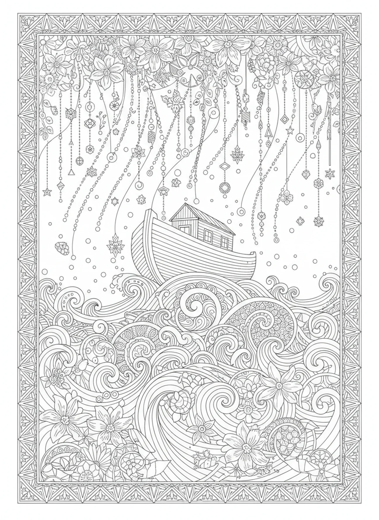 Die Arche schwimmt in den Fluten, Leviathan Ausmalbild für Erwachsene im Stil des Bibeljournaling.