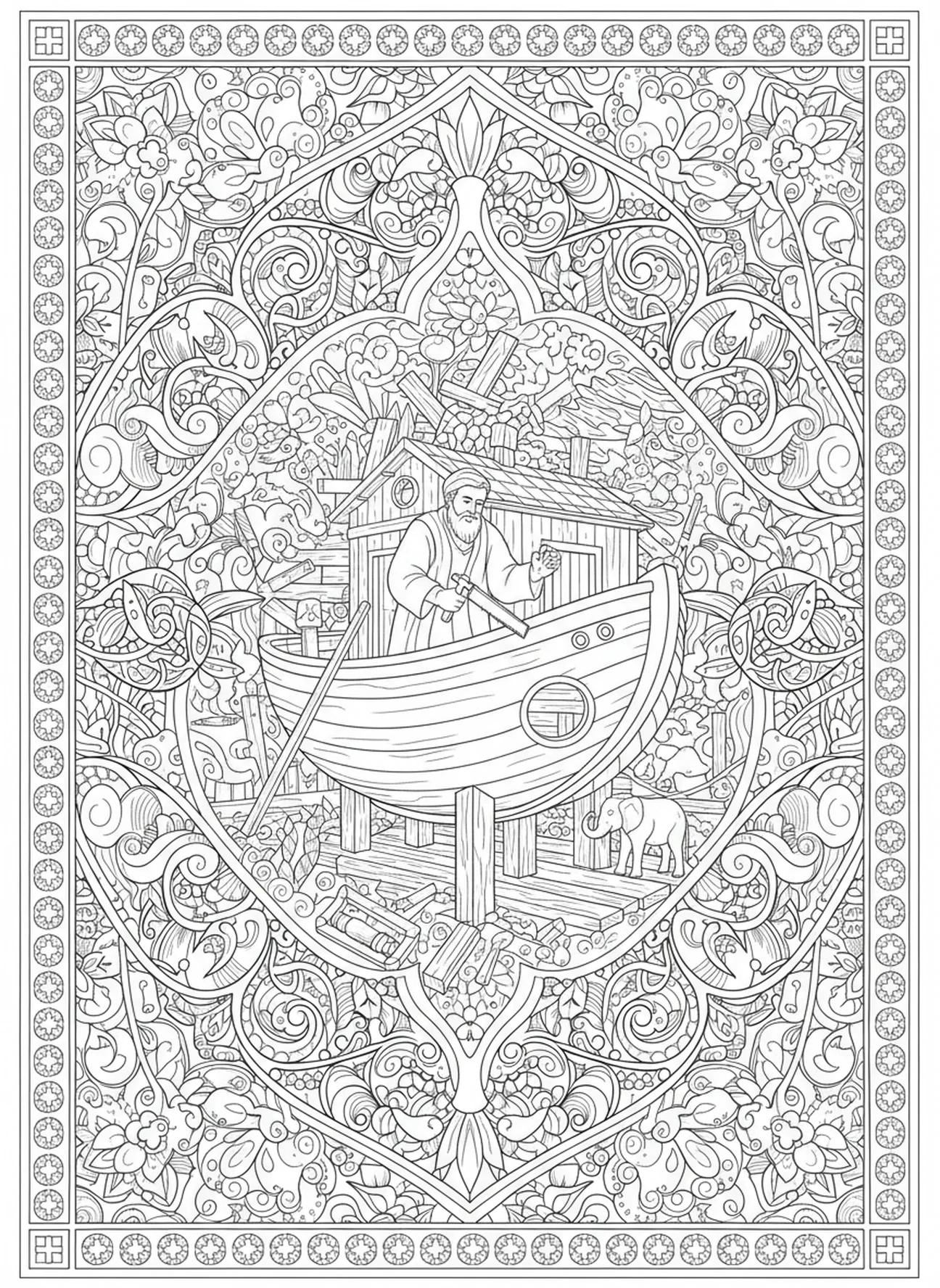 Noah baut die Arche, Leviathan Ausmalbild für Erwachsene im Stil des Bibeljournaling.