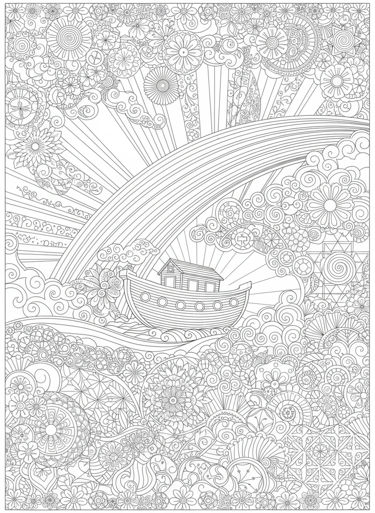 Regenbogen über der Arche, Leviathan Ausmalbild für Erwachsene im Stil des Bibel-Journaling.