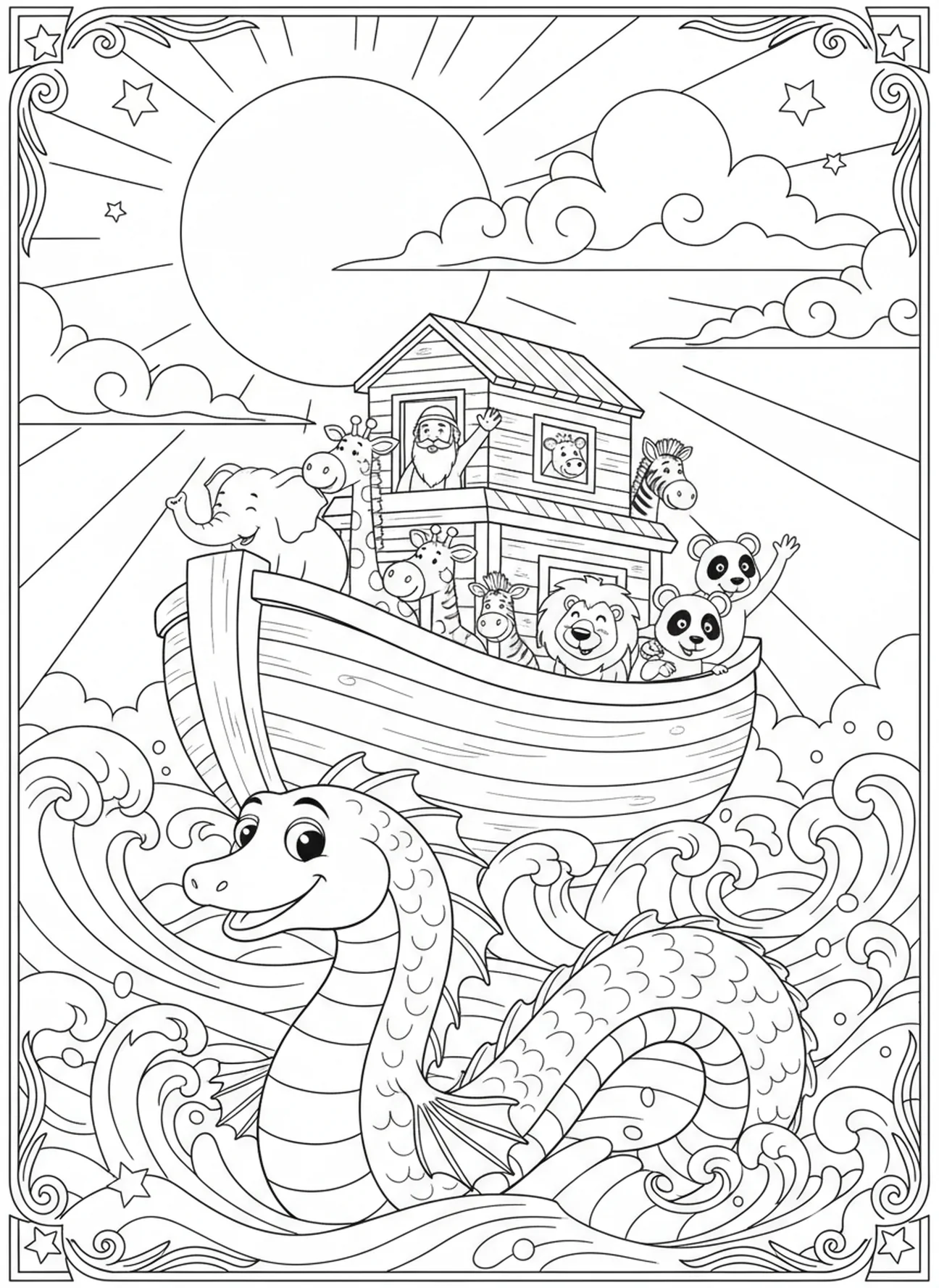 Leviathan schwimmt bei Sonnenuntergang, Leviathan Ausmalbild für Kinder im Alter von 5-10 Jahren
