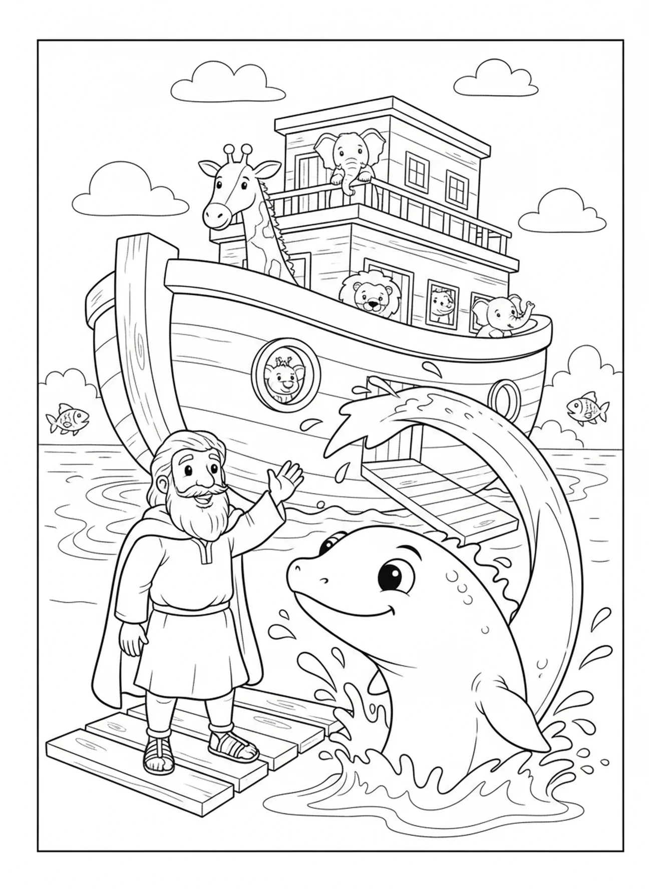 Noah winkt dem Leviathan zu, Leviathan Malvorlage für Kinder im Alter von 5-10 Jahren