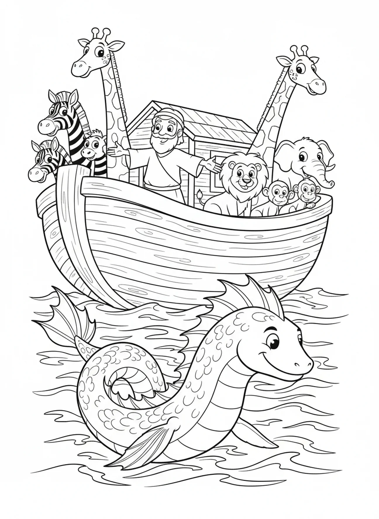Noah ermutigt die Tiere, Leviathan Malvorlage für Kinder im Alter von 5-10 Jahren