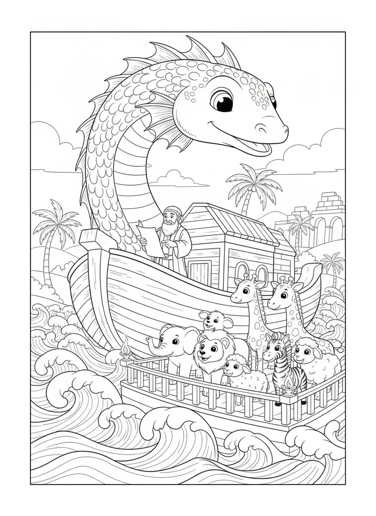 Majestätischer Leviathan erhebt sich aus dem Meer, Leviathan Ausmalbild für Sonntagsschulkinder im Alter von 5-12 Jahren