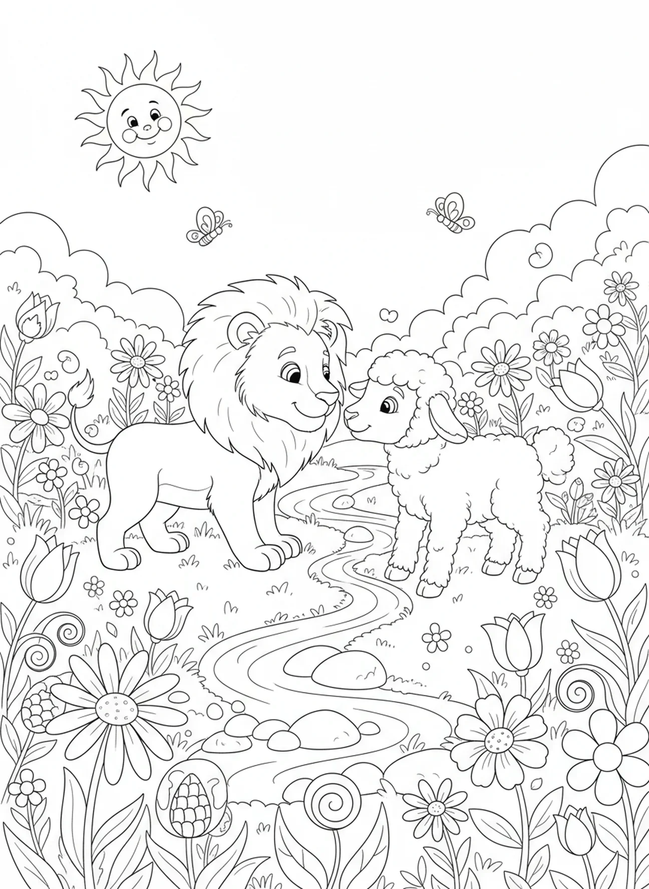 Neugieriger Löwe und Lamm auf einer Wiese, Löwe und Lamm Malvorlage für Kinder im Alter von 5-10 Jahren.