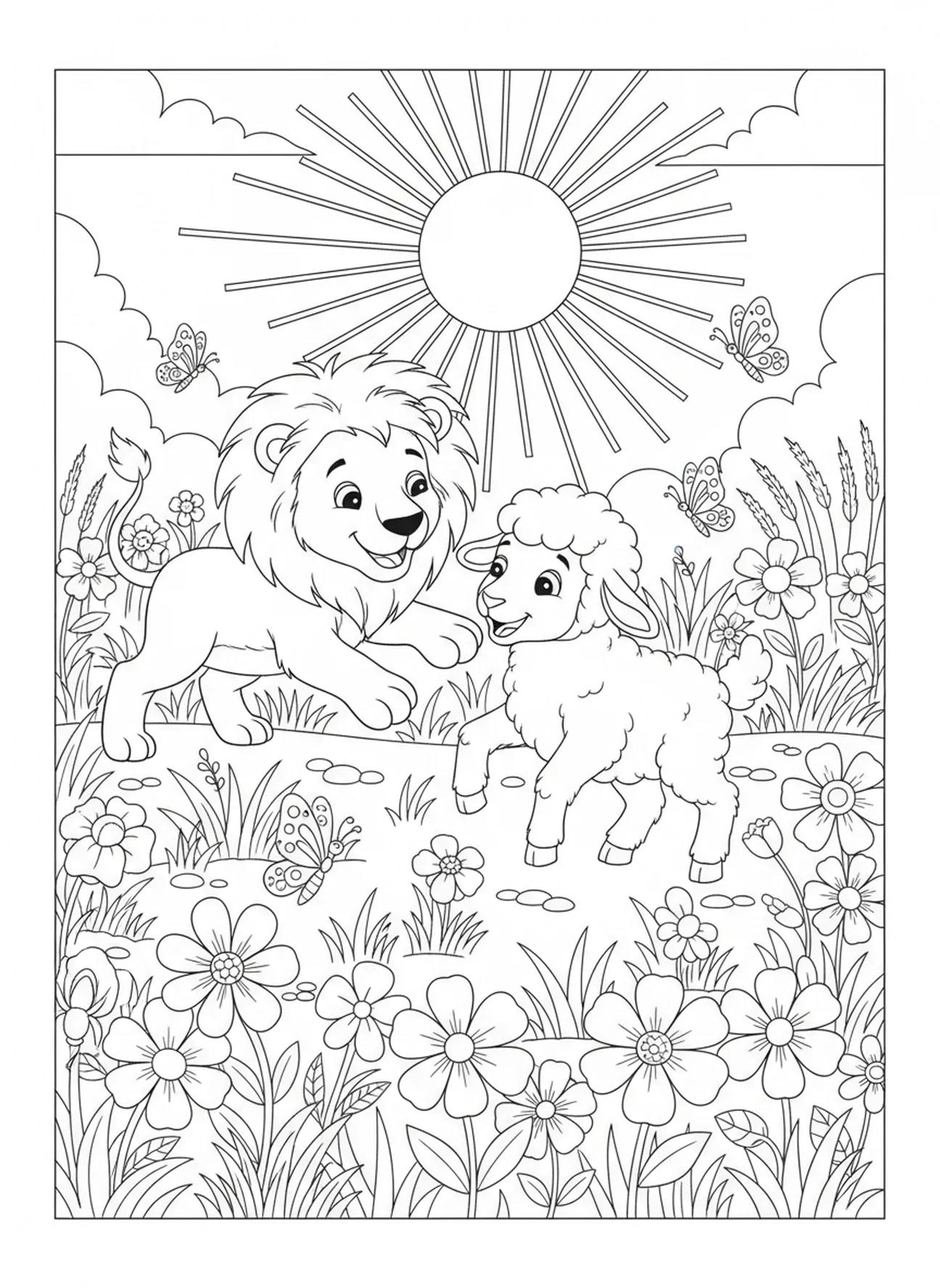 Löwe und Lamm spielen auf einer sonnigen Wiese, Löwe und Lamm Ausmalbild für Kinder im Alter von 5-10 Jahren.