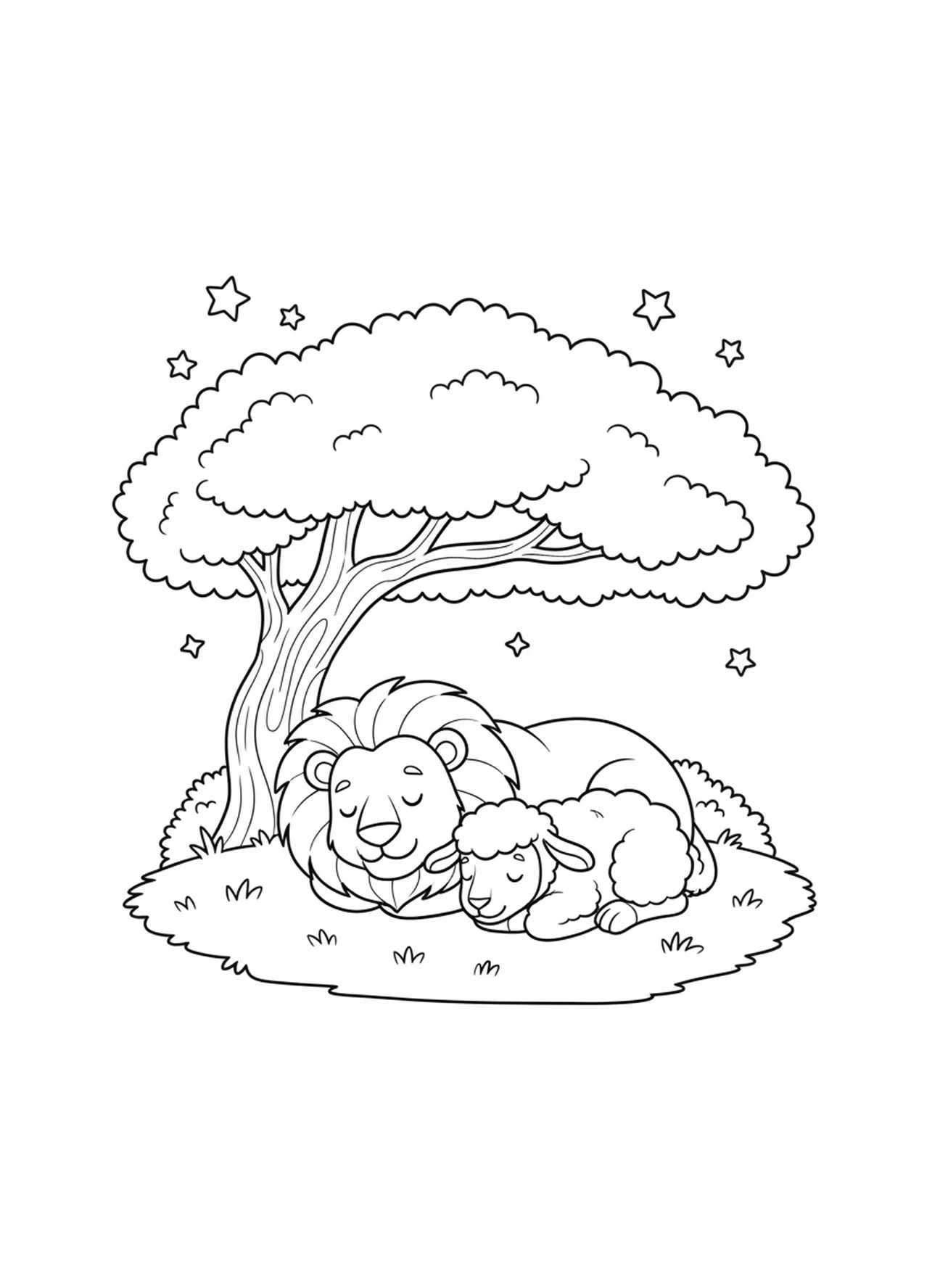 Löwe und Lamm schlafen unter einem Baum, Löwe und Lamm Malvorlage für Kinder im Alter von 5-10 Jahren.