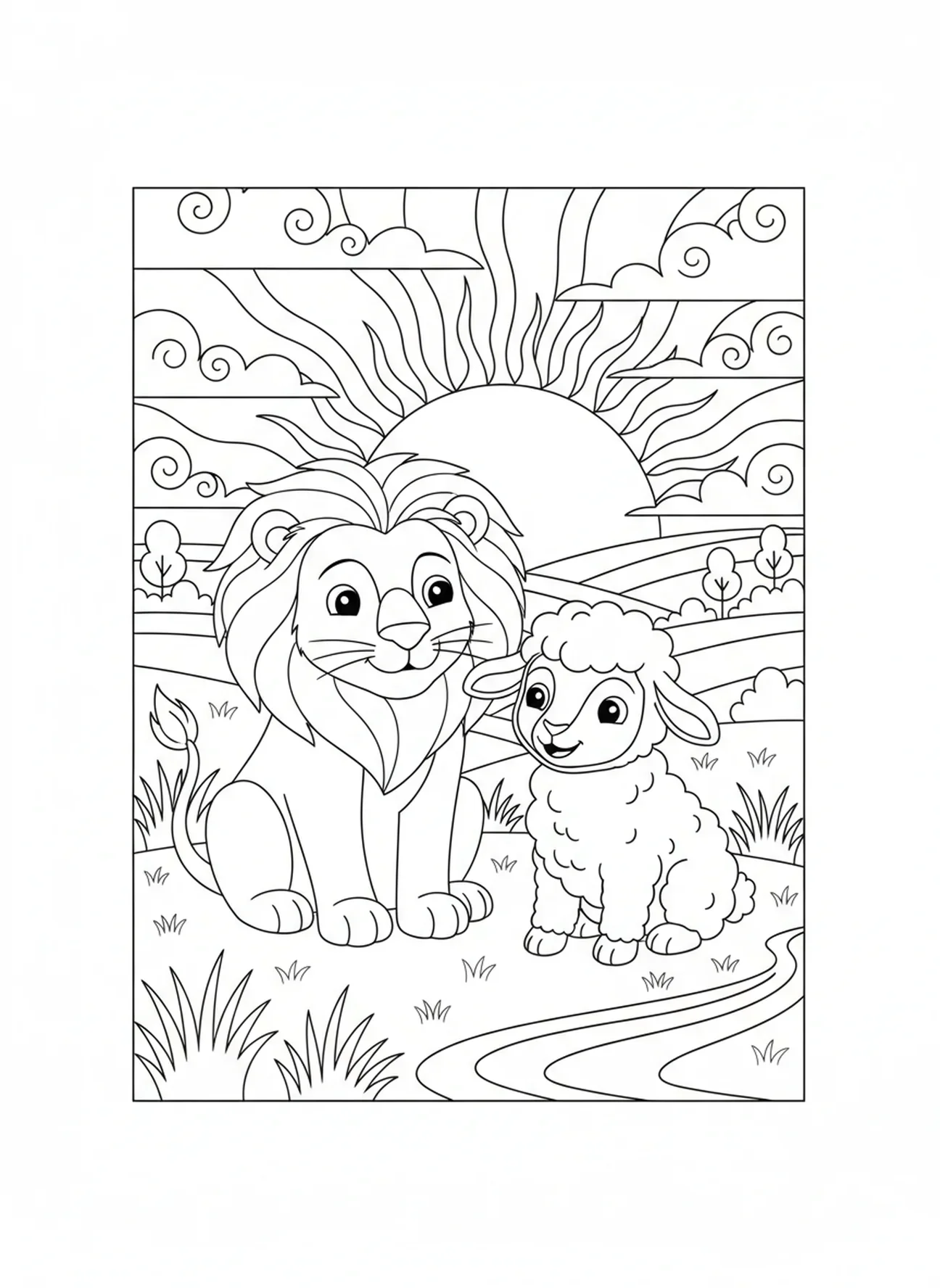 Löwe und Lamm zusammen bei Sonnenuntergang, Löwe und Lamm Ausmalbild für Kinder im Alter von 5-10 Jahren.