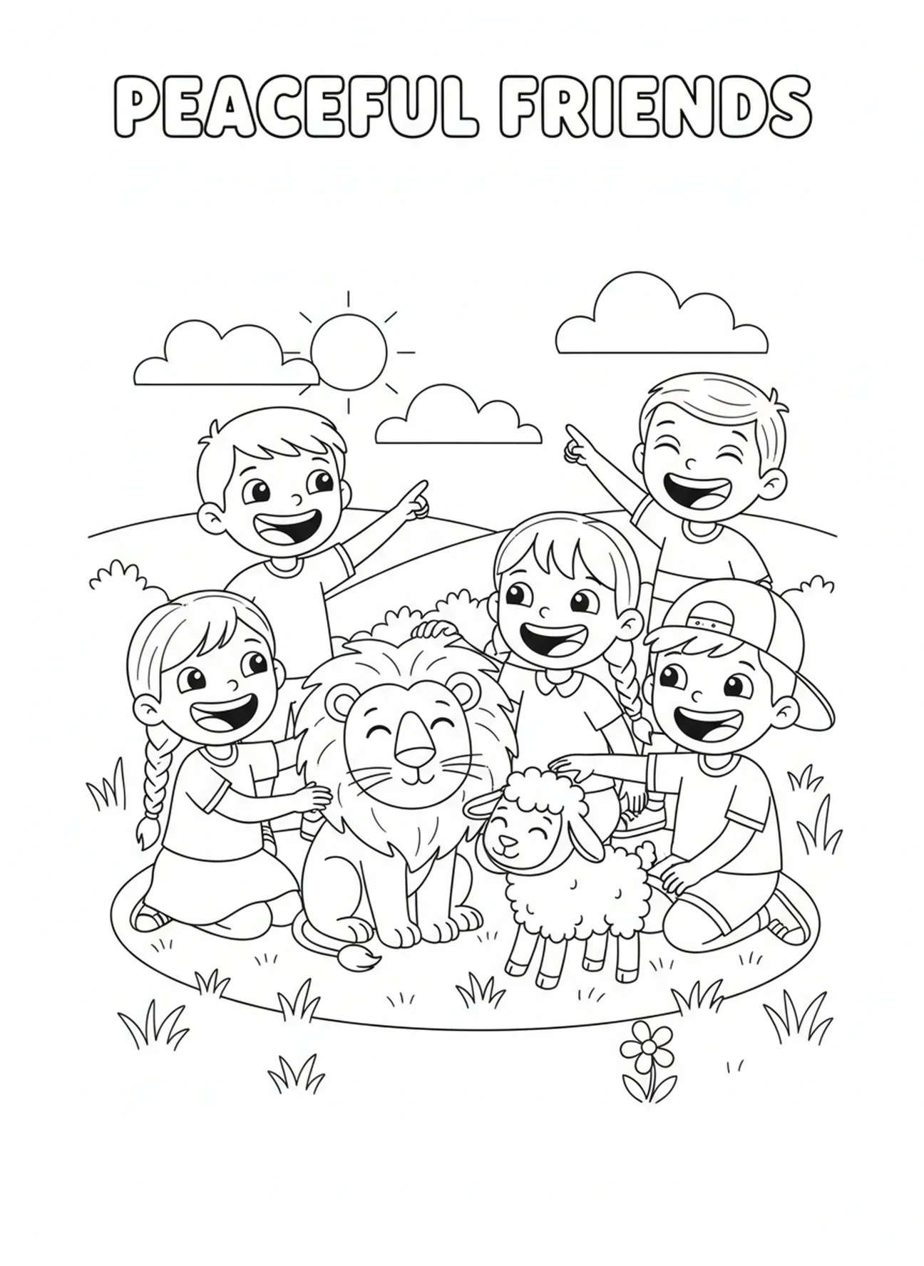 Fröhliche Kinder mit Löwe und Lamm, Ausmalbild Löwe und Lamm für Kinder im Alter von 5-10 Jahren.