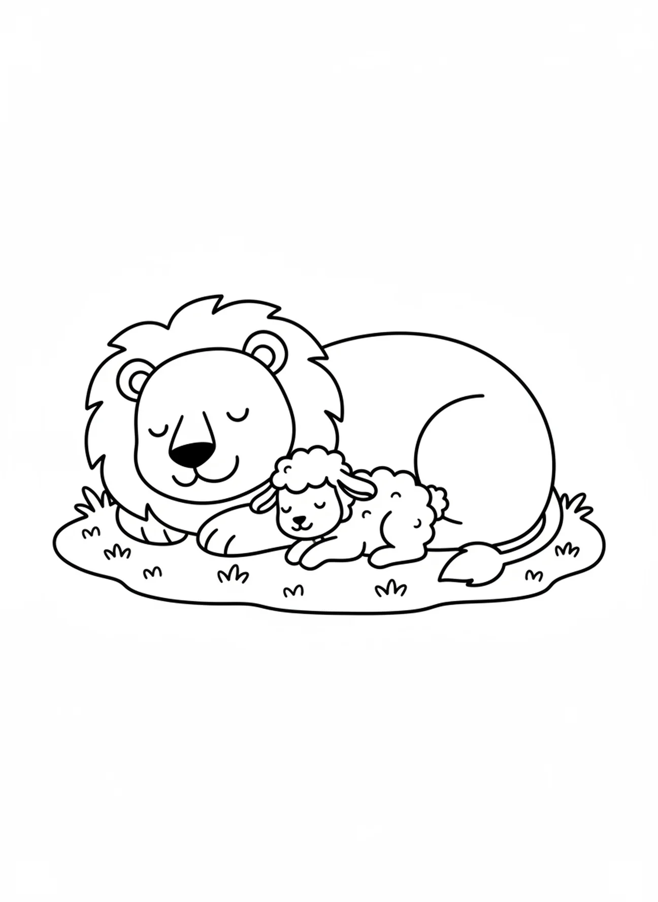Escena acogedora de un león y un cordero durmiendo, página para colorear de León y Cordero para niños de 3 a 5 años
