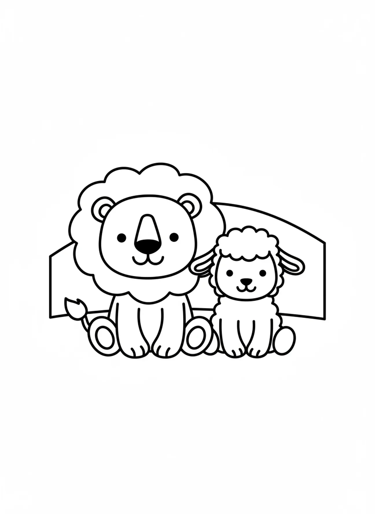 Dibujo de un león amistoso y un cordero sonriente, página para colorear de León y Cordero para niños de 3 a 5 años