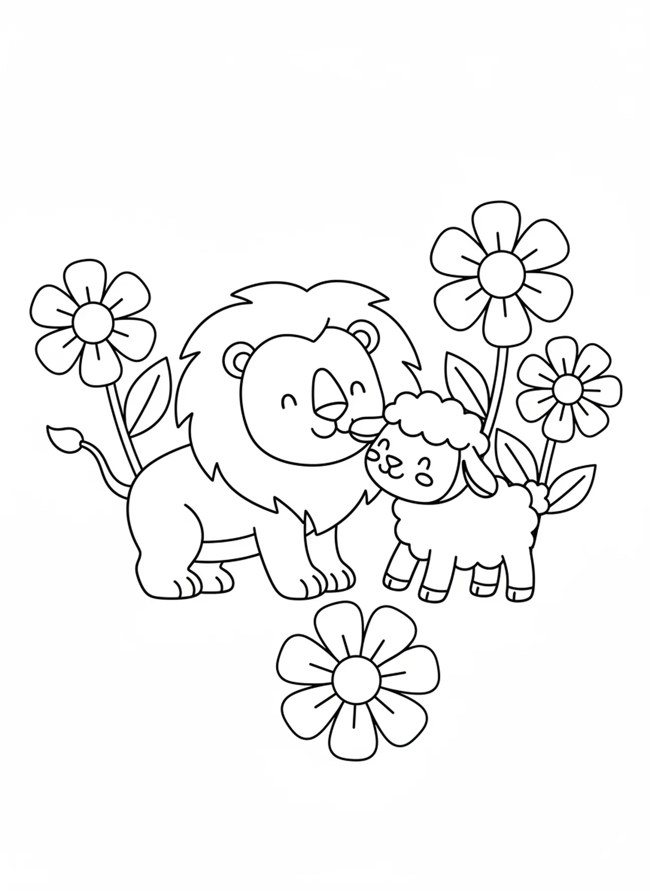 Divertido león y cordero de dibujos animados con flores, página para colorear de León y Cordero para niños de 3 a 5 años
