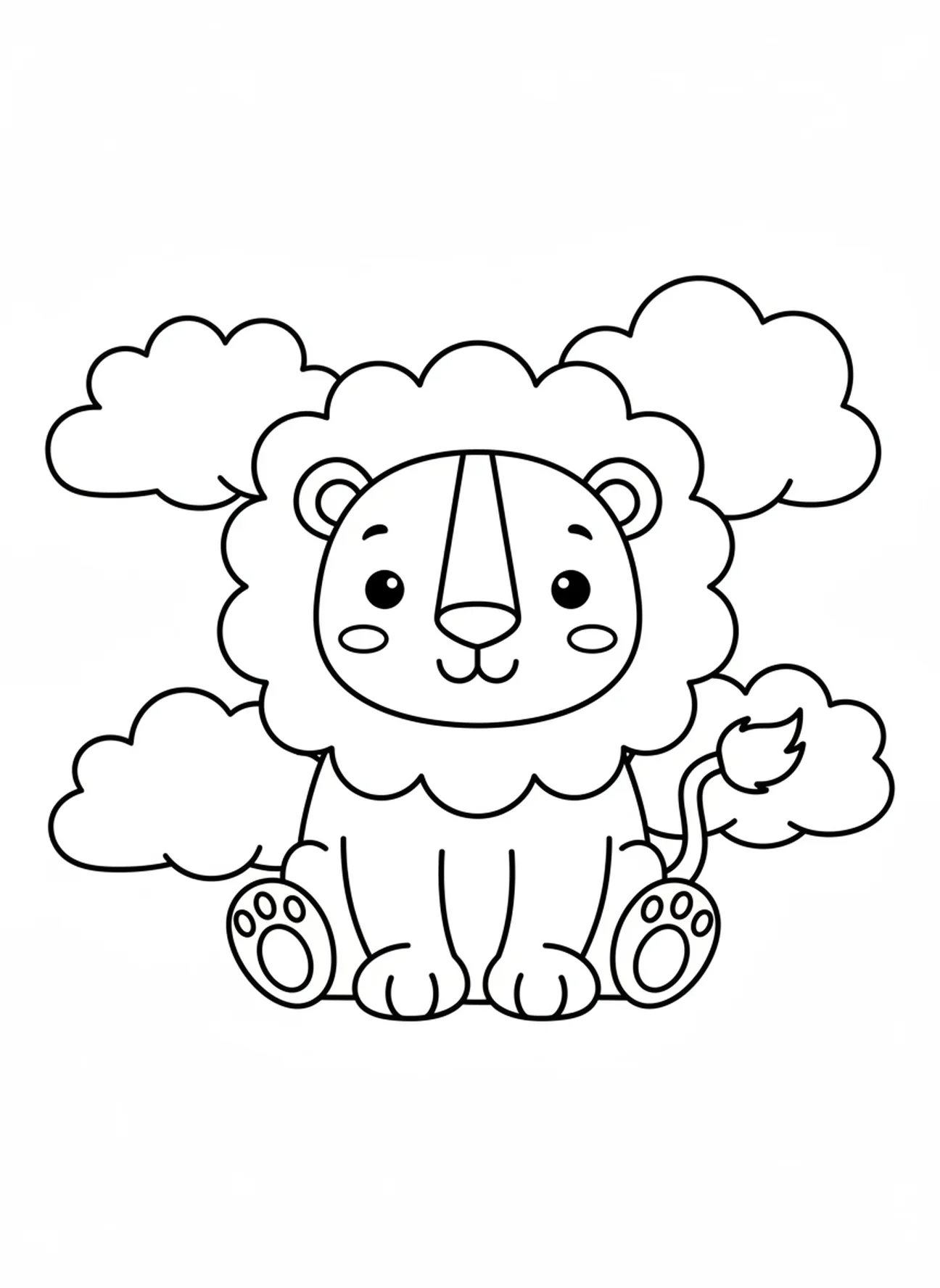 Dibujo de un león pacífico con nubes esponjosas, página para colorear de León y Cordero para niños de 3 a 5 años