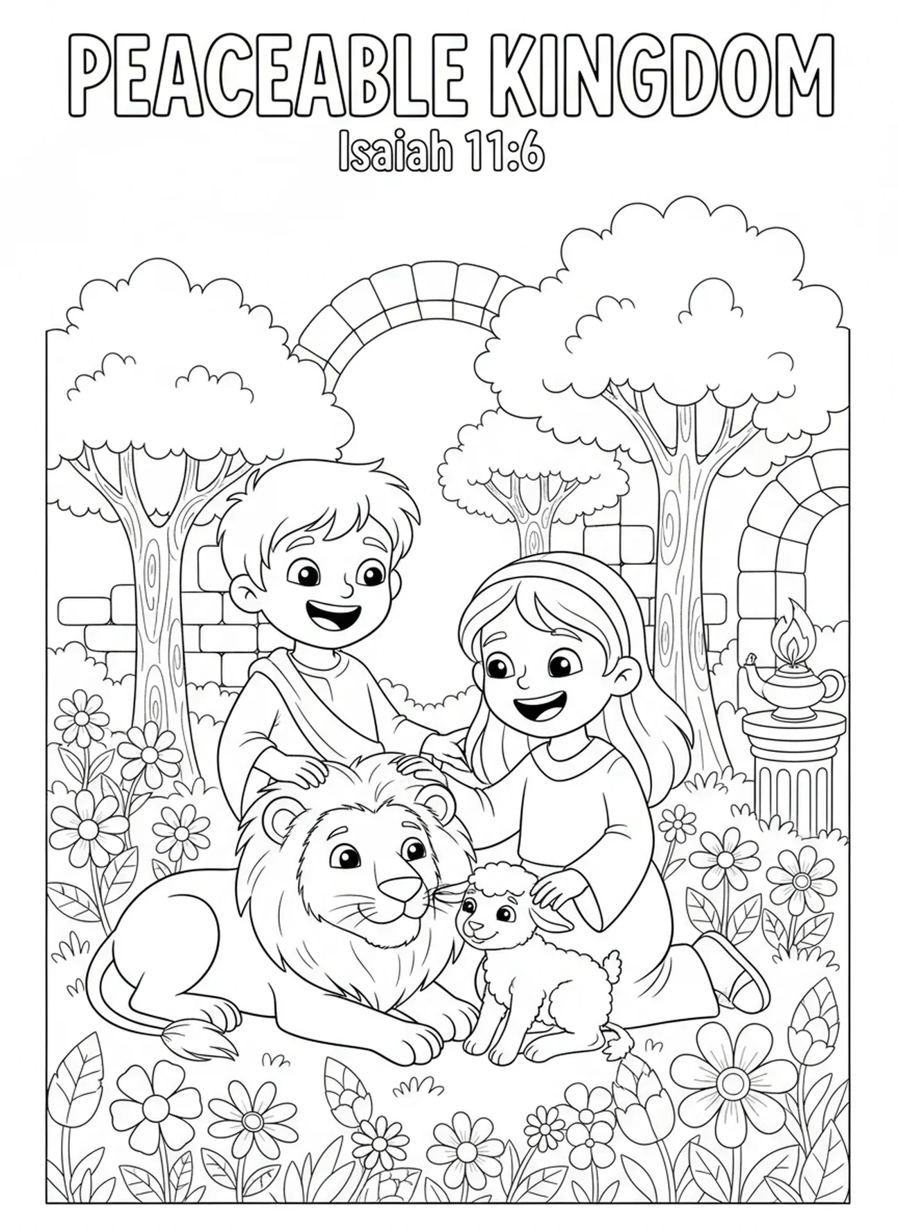 Zwei fröhliche Kinder mit Tieren, Ausmalbild Löwe und Lamm für die Sonntagsschule Kinder im Alter von 5-12 Jahren.