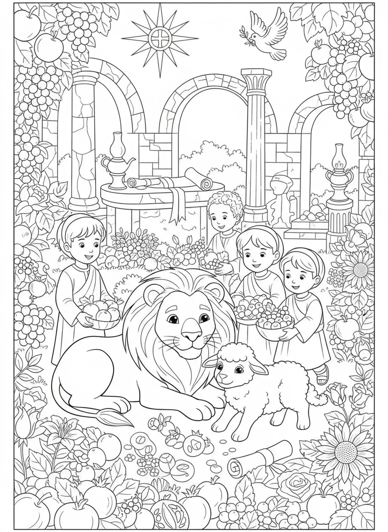 Löwe und Lamm in einem Garten, Löwe und Lamm Malvorlage für Sonntagsschulkinder im Alter von 5-12 Jahren.