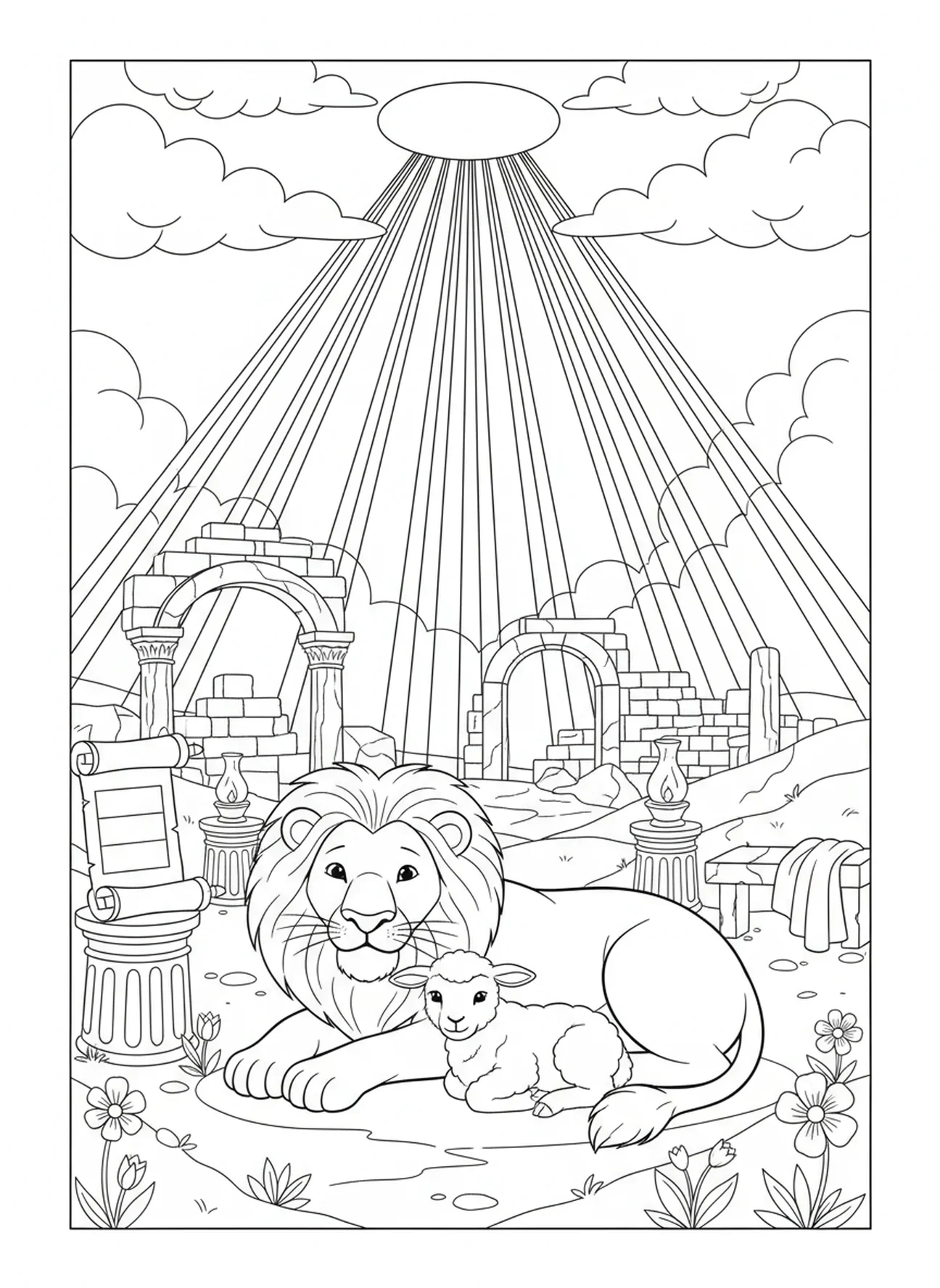 Himmlisches Licht über Tieren, Löwe und Lamm Malvorlage für Sonntagsschulkinder im Alter von 5-12 Jahren.