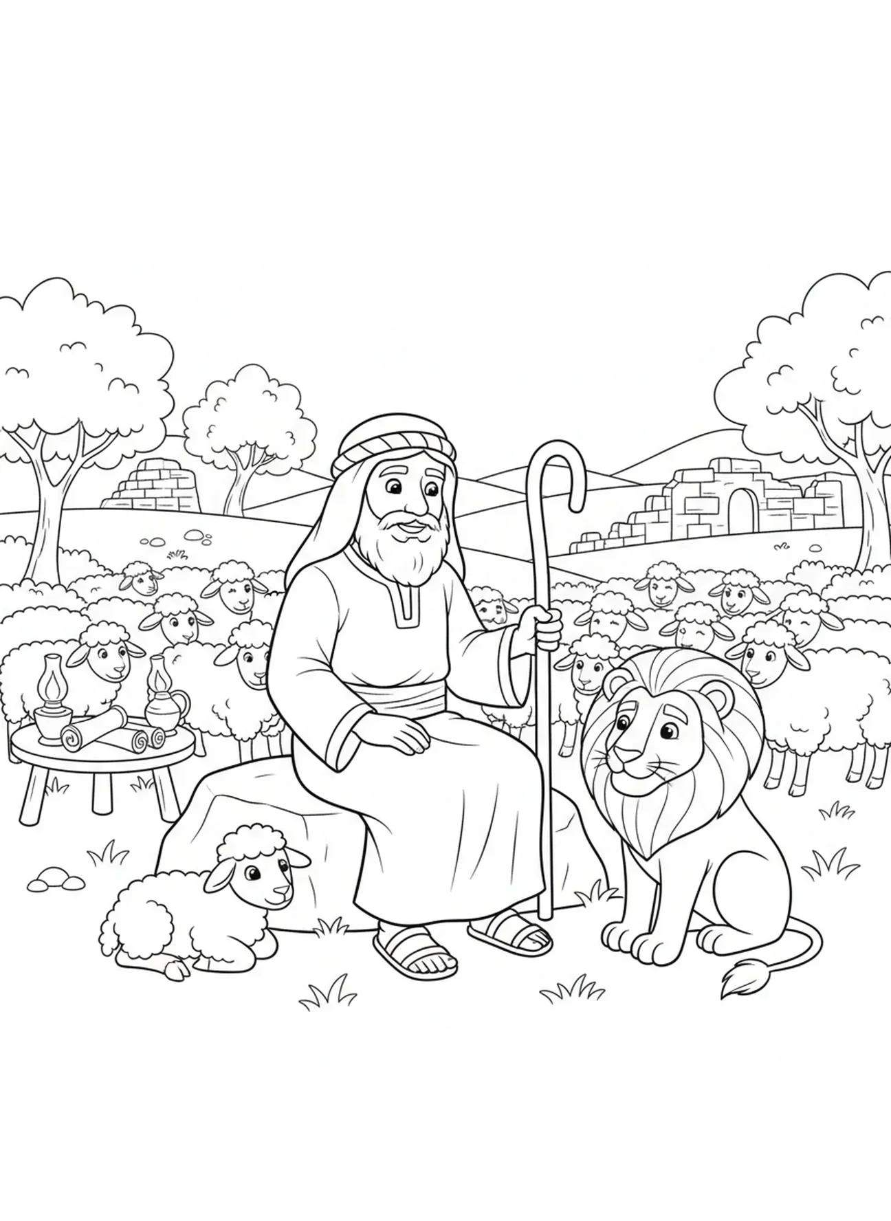 Hirte mit Löwe und Lamm, Löwe und Lamm Malvorlage für Sonntagsschulkinder im Alter von 5-12 Jahren.