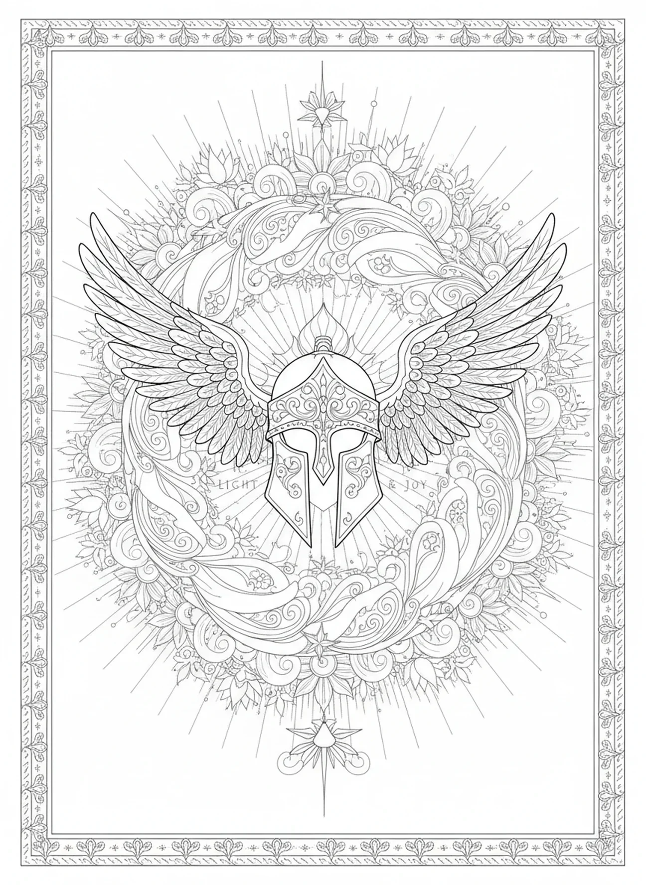 Ilustração decorativa de um capacete, Armadura de Deus, página de colorir para adultos no estilo de journaling bíblico