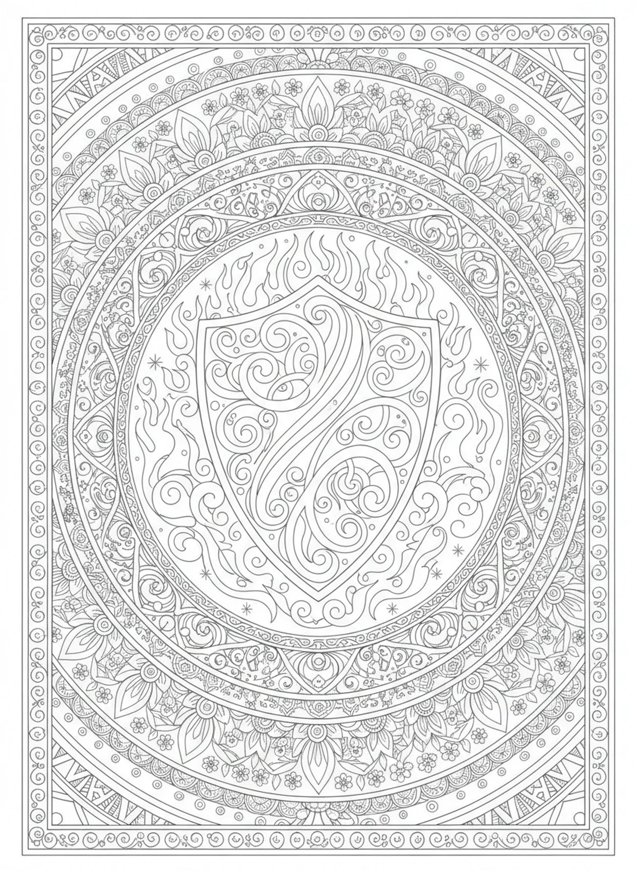 Design de escudo ornamentado, Armadura de Deus, página de colorir para adultos no estilo de journaling bíblico