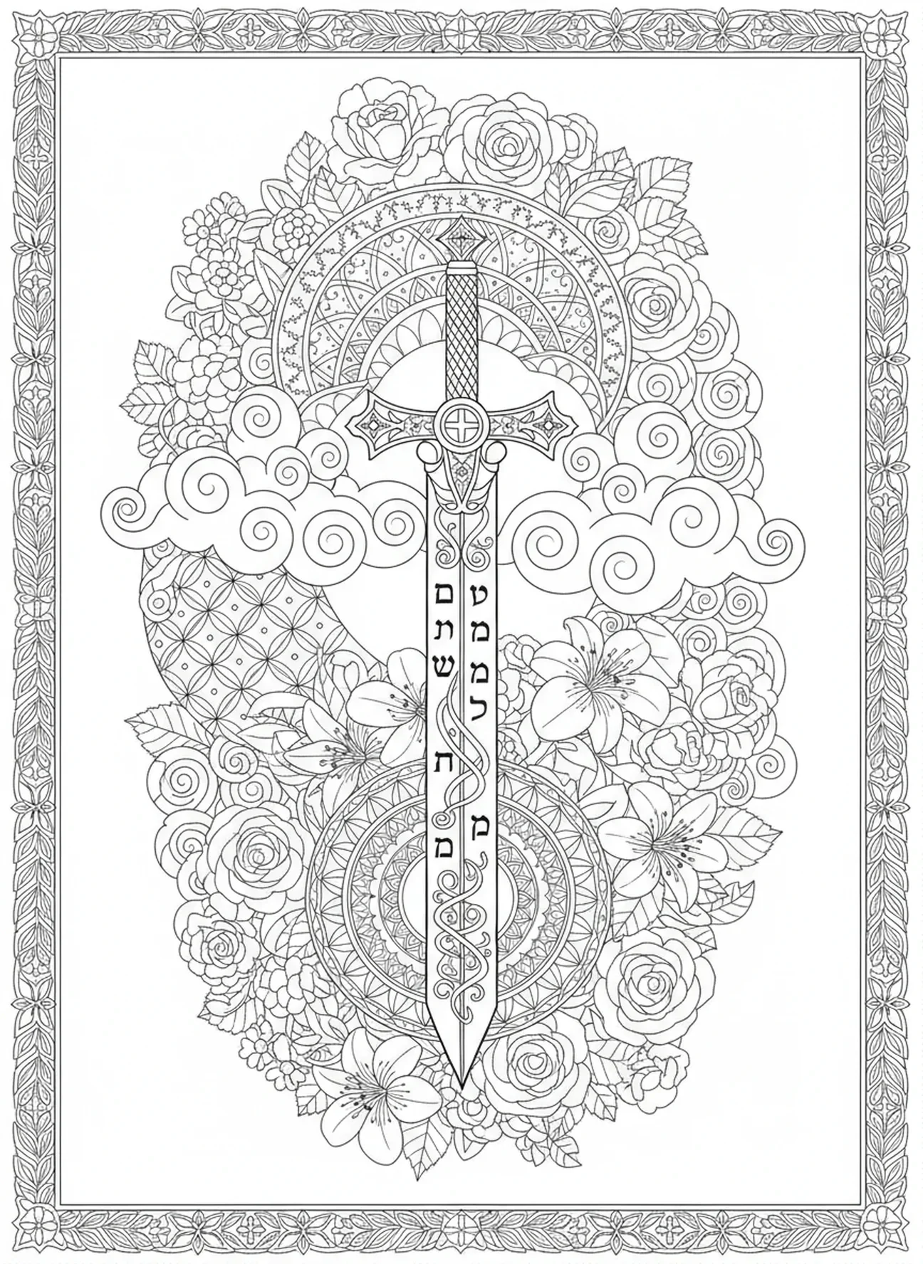 Design intricado de espada, Armadura de Deus - Página para colorir no estilo de journaling bíblico para adultos