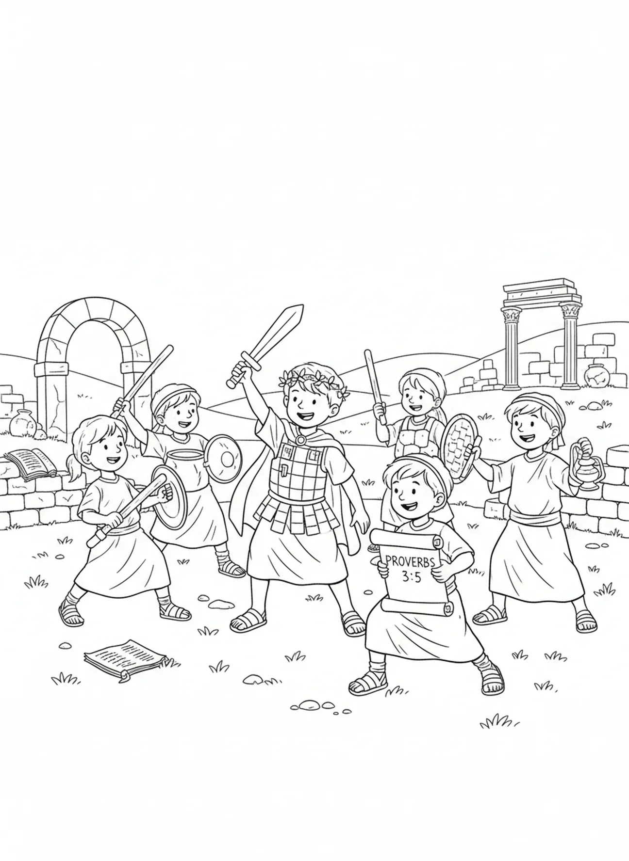 Enfant menant une scène de bataille avec des amis, Armure de Dieu Page à colorier pour les enfants de l'École du dimanche âgés de 5 à 12 ans.