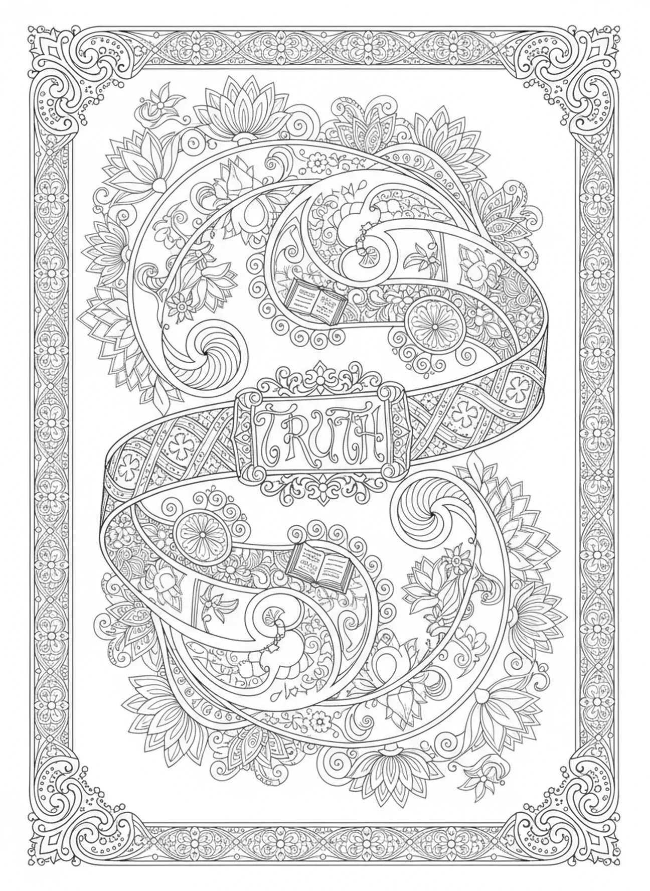 Cinturón de la verdad diseñado de manera intrincada, página para colorear del Guerrero de la Armadura de Dios en estilo de journaling bíblico para adultos.