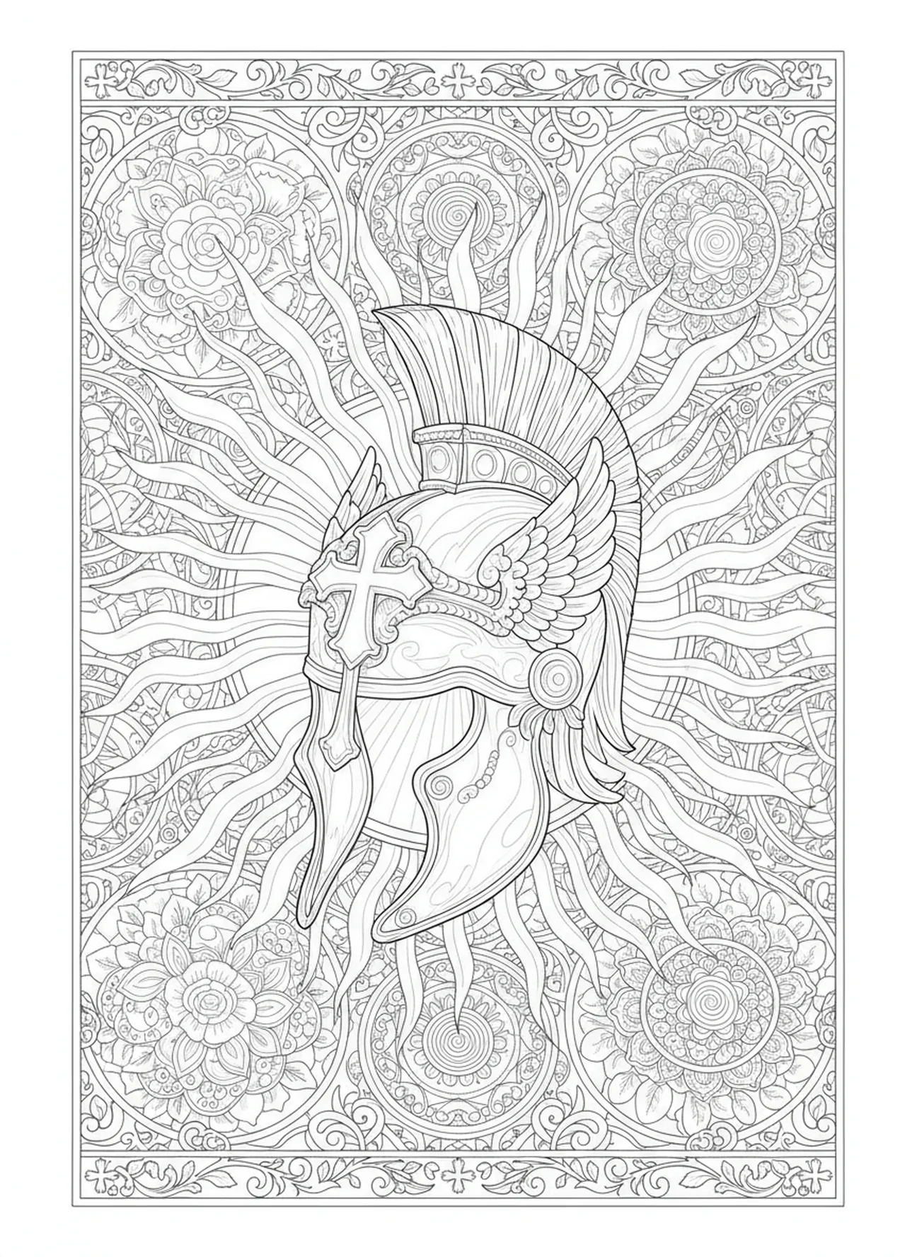 Hermoso casco de salvación, página para colorear del Guerrero de la Armadura de Dios, estilo de journaling bíblico para adultos.