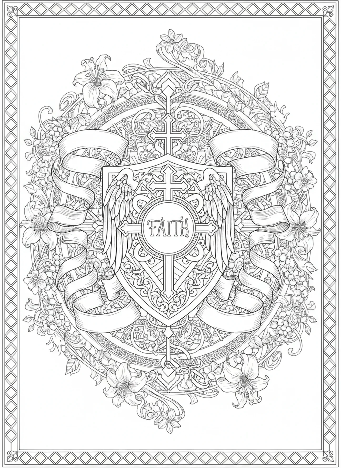 Escudo de fe detallado, página para colorear del Guerrero de la Armadura de Dios en estilo de journaling bíblico para adultos.