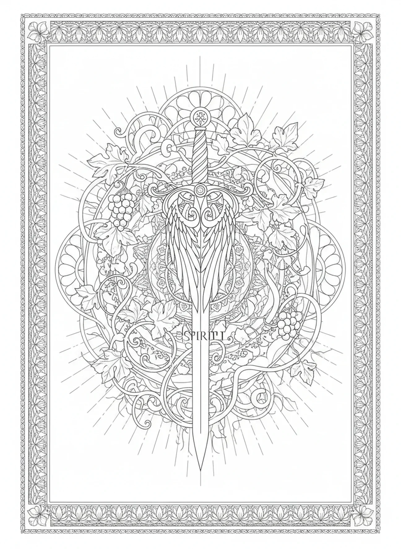 Espada ornamentada del Espíritu, página para colorear del Guerrero de la Armadura de Dios en estilo de journaling bíblico para adultos.