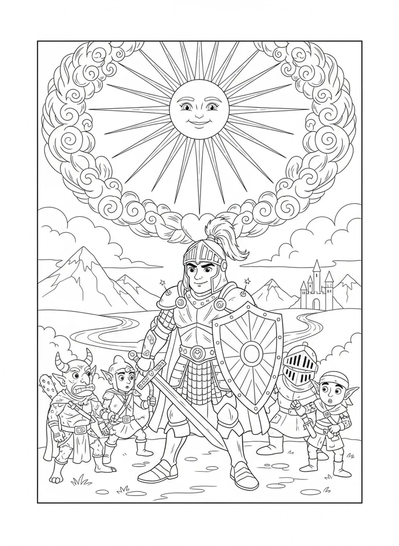 Guerrier en armure brillante, page à colorier sur l'Armure de Dieu pour les enfants de 5 à 10 ans