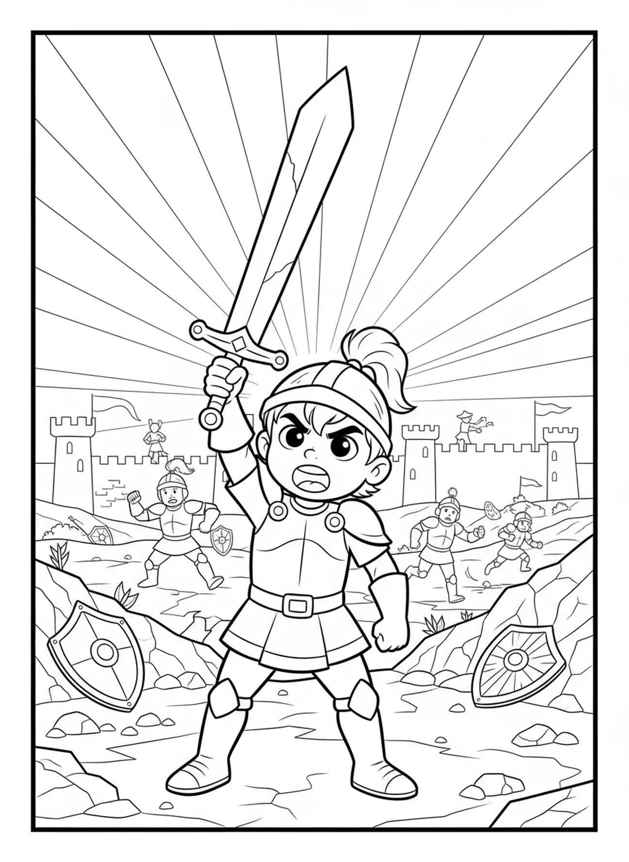 Guerrier debout sur le champ de bataille, page à colorier Guerrier de l'Armure de Dieu pour les enfants de 5 à 10 ans