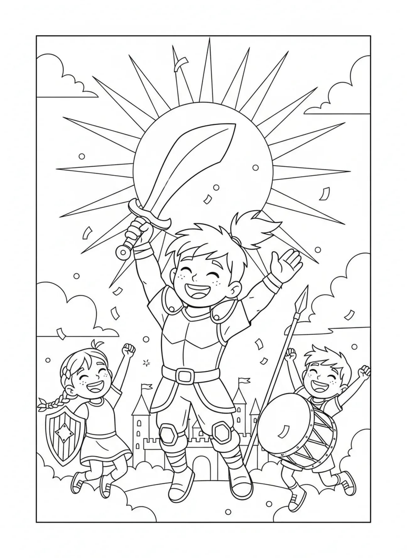 Guerrier victorieux célébrant, page à colorier Guerrier de l'Armure de Dieu pour enfants de 5 à 10 ans