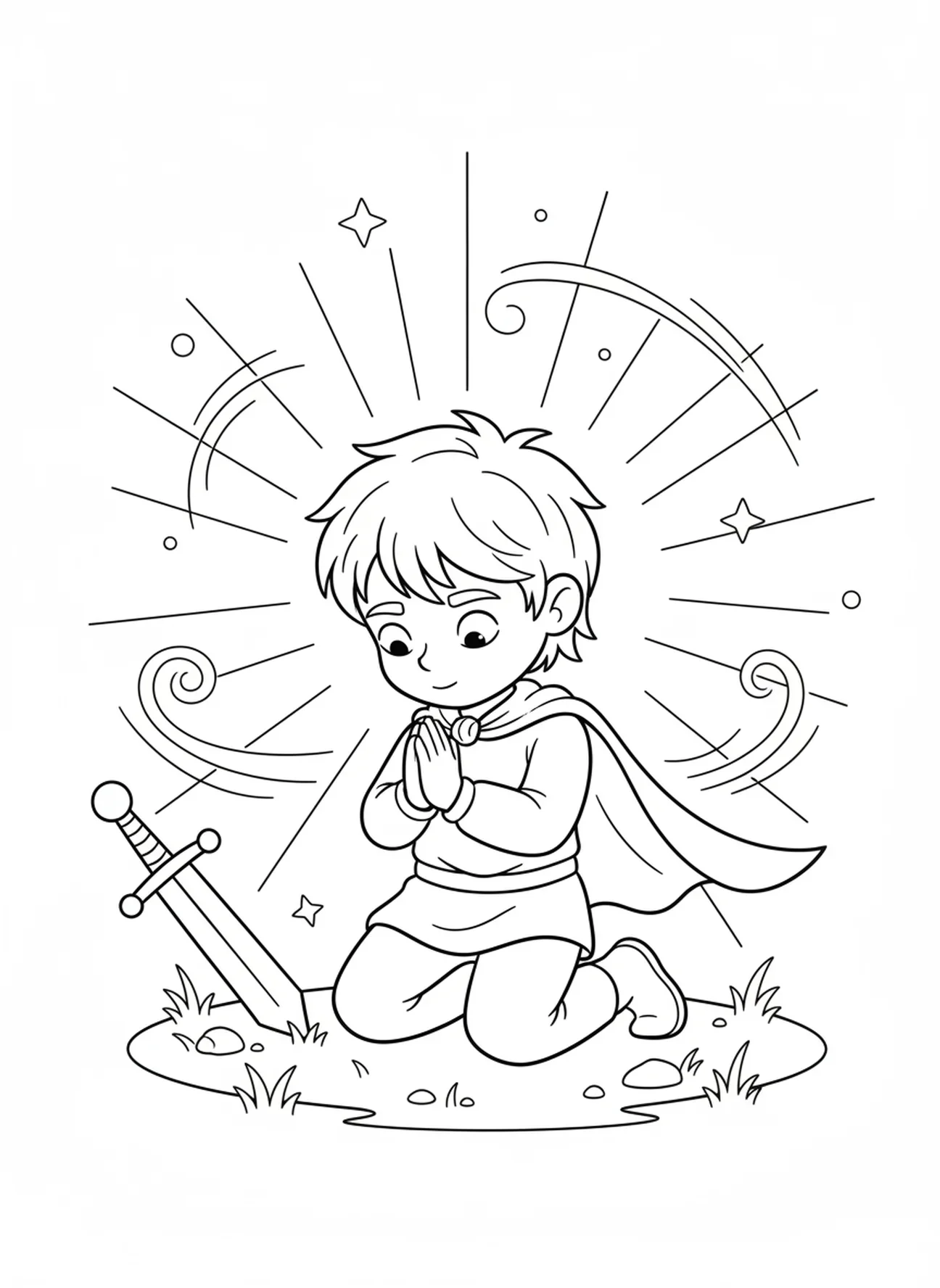 Guerrier à genoux en prière, page à colorier Guerrier de l'Armure de Dieu pour les enfants de 5 à 10 ans
