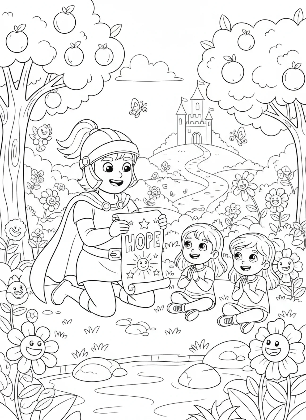 Guerrier partageant un message, page à colorier Guerrier de l'Armure de Dieu pour les enfants de 5 à 10 ans