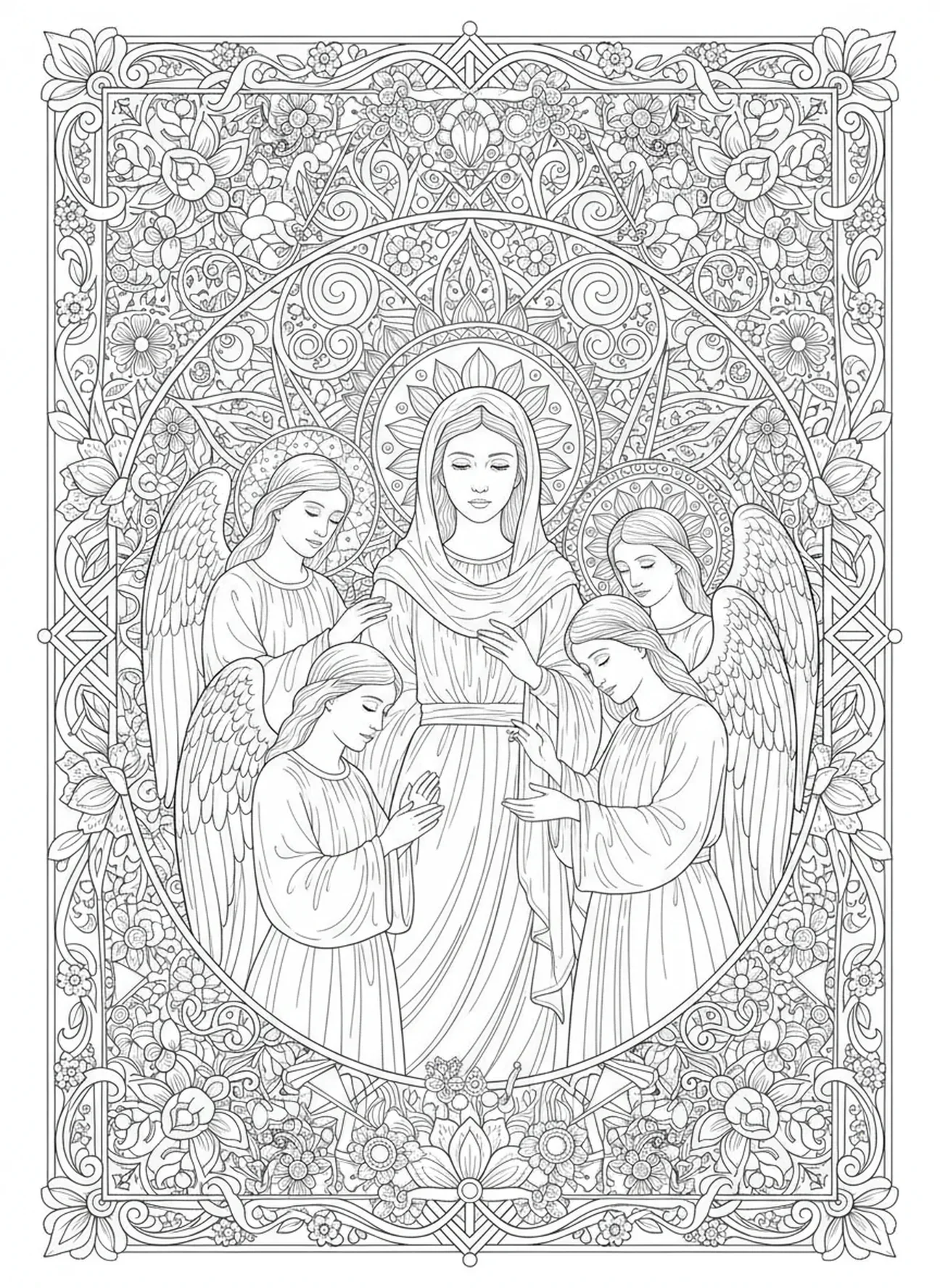 Anges entourant Marie, page à colorier Pieta pour adultes dans le style du journal biblique