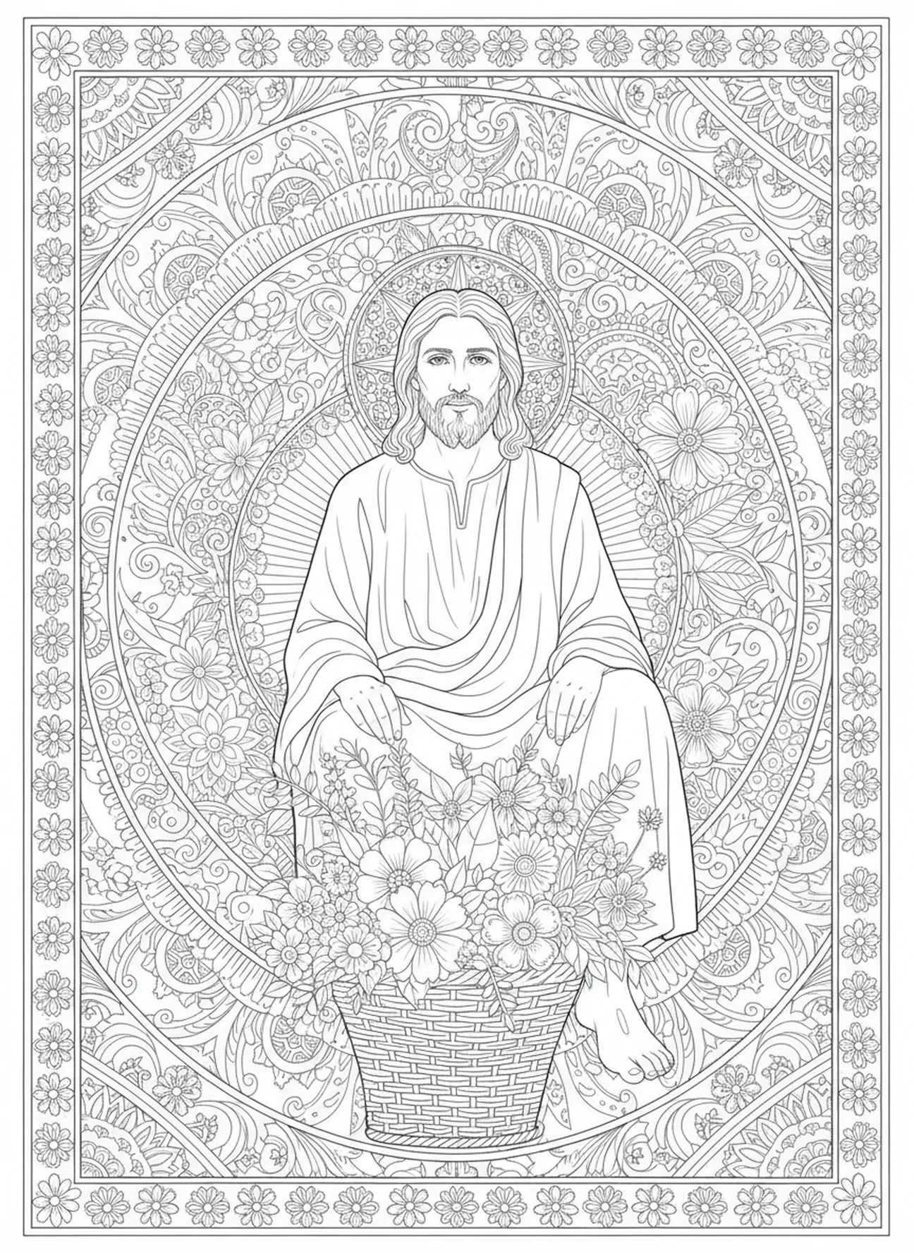 Panier floral aux pieds de Jésus, page à colorier Pieta pour adultes dans un style de journal biblique