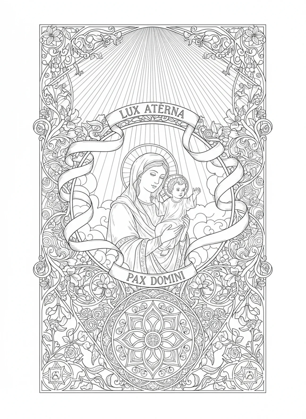 Lumière céleste illuminant, page à colorier de la Pietà pour adultes dans un style de journal biblique
