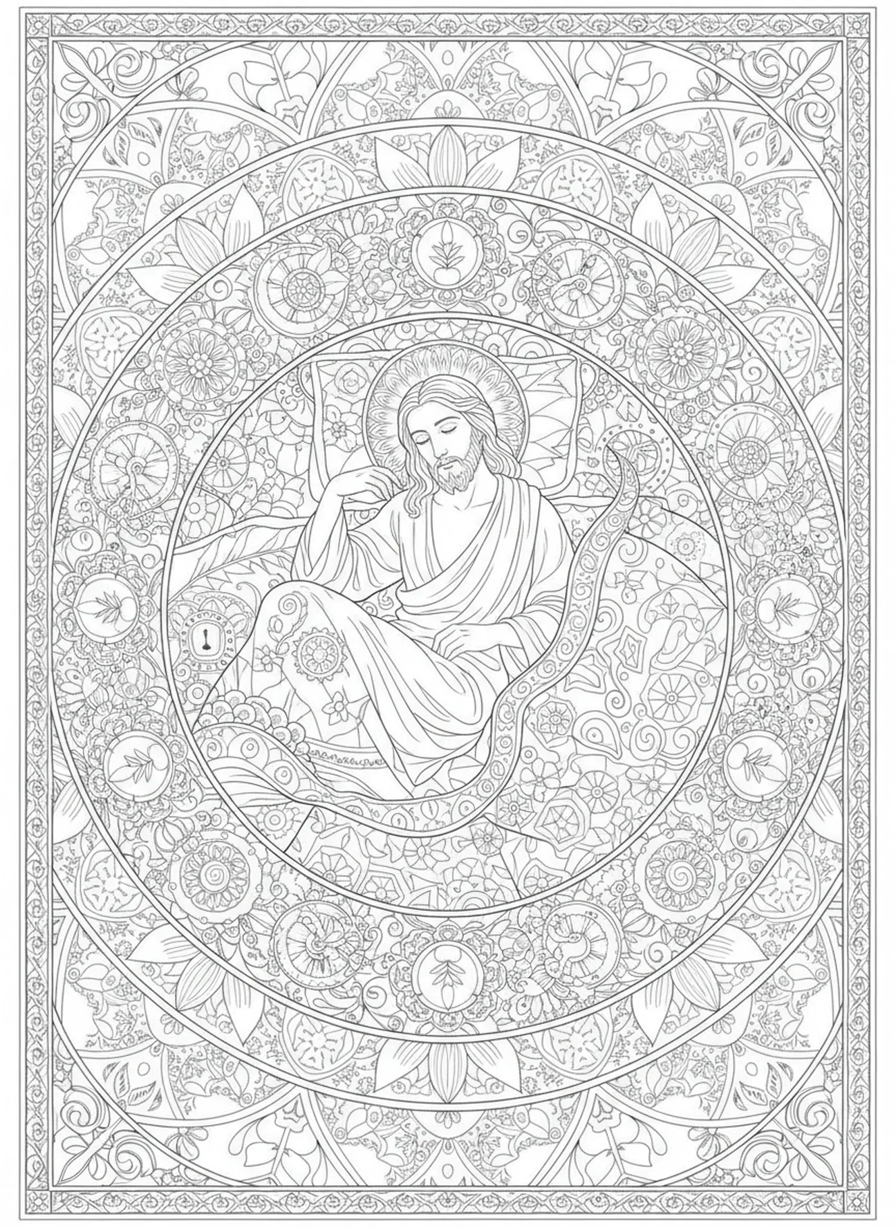 Jésus allongé sur une couverture, page à colorier de la Pietà pour adultes dans un style de journal biblique