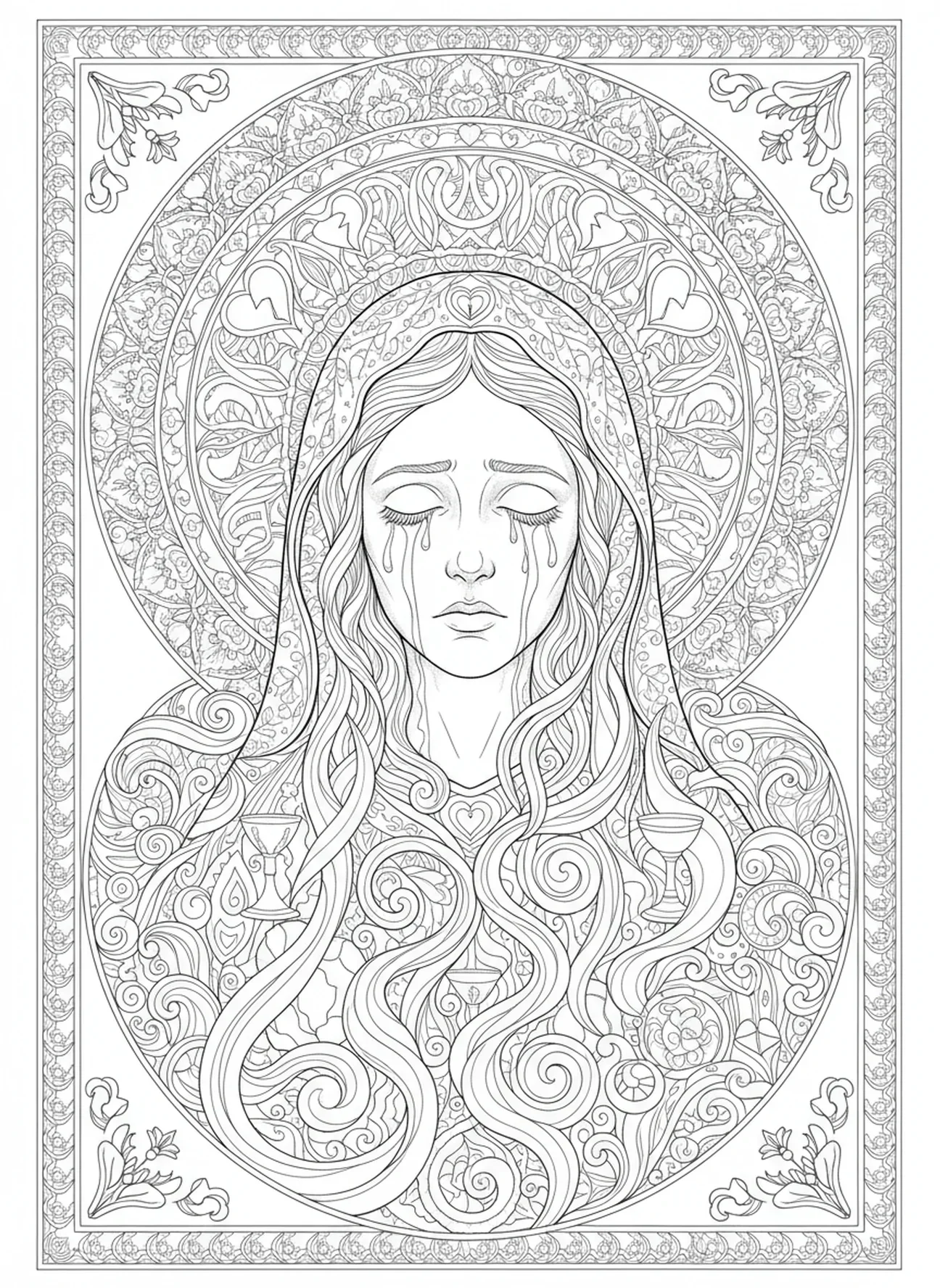 Larmes de Marie, page à colorier Pietà pour adultes dans le style du journal biblique