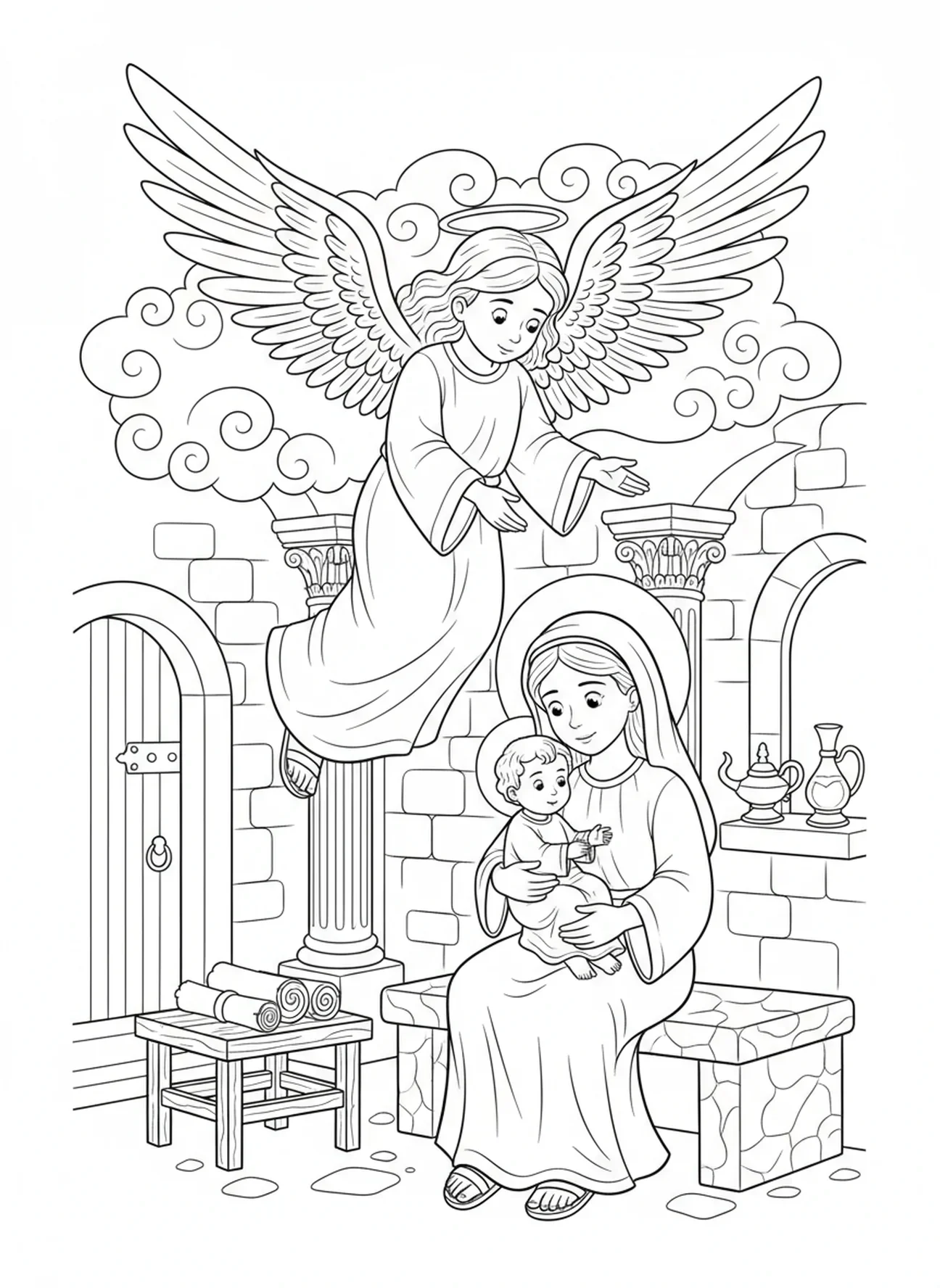 Engelsfigur über Maria und Jesus, Pieta Ausmalbild für Sonntagsschulkinder im Alter von 5-12 Jahren.