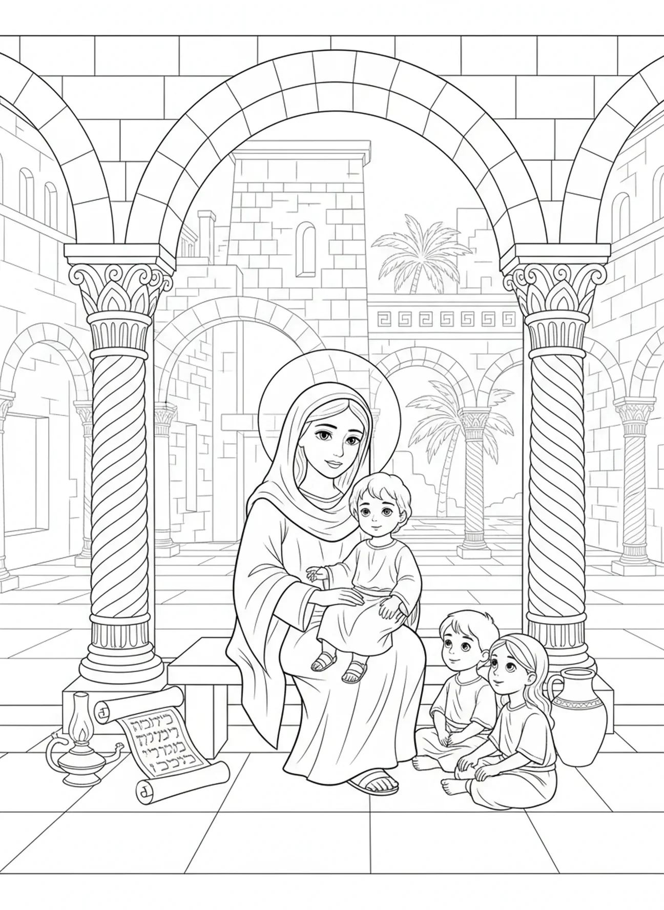 Antike Steinarchitektur im Hintergrund, Pieta Ausmalbild für Sonntagsschulkinder im Alter von 5-12 Jahren.