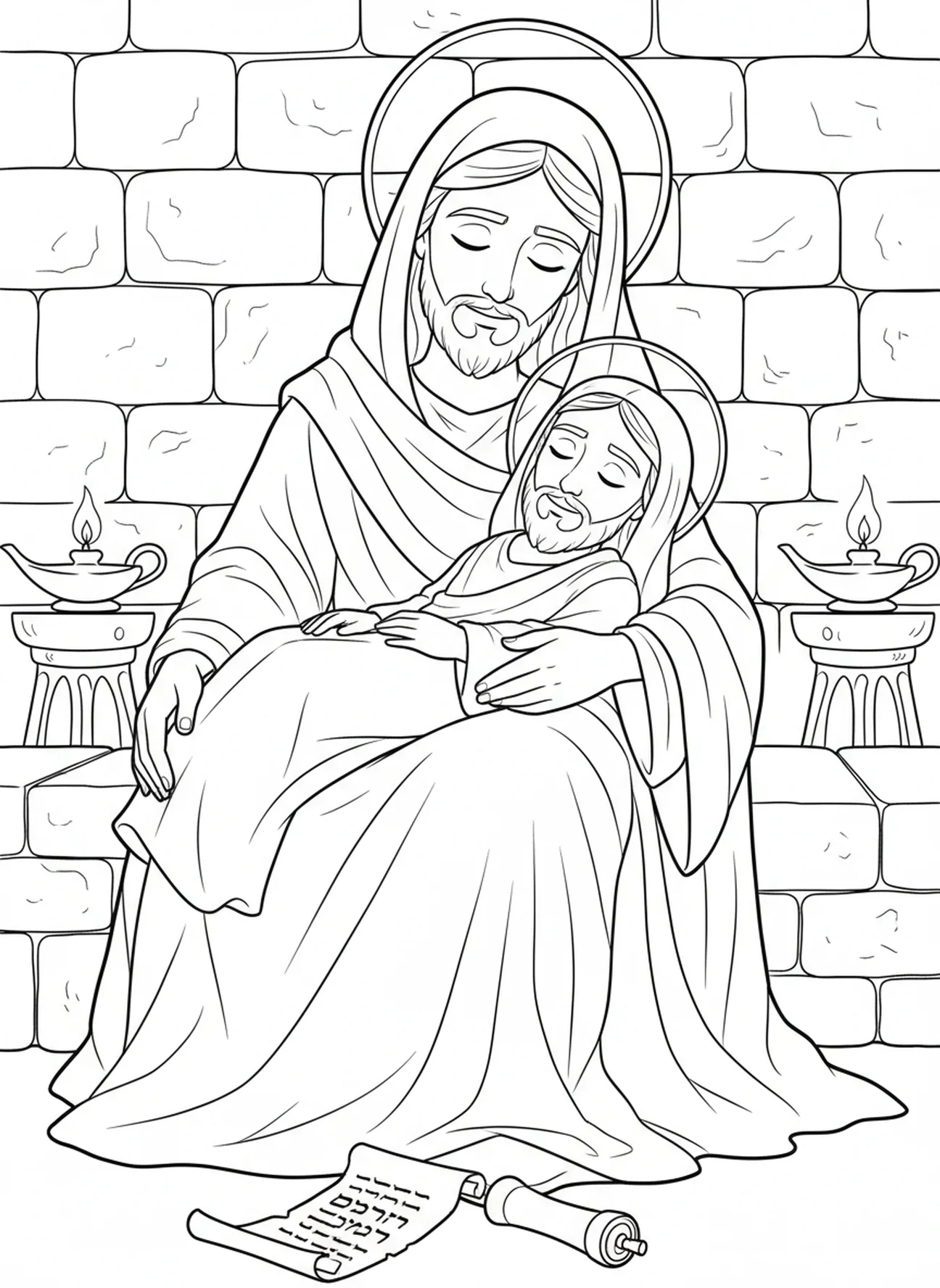 Nahaufnahme von Jesu Gesicht, Ausmalbild der Pietà für Kinder im Religionsunterricht im Alter von 5-12 Jahren.