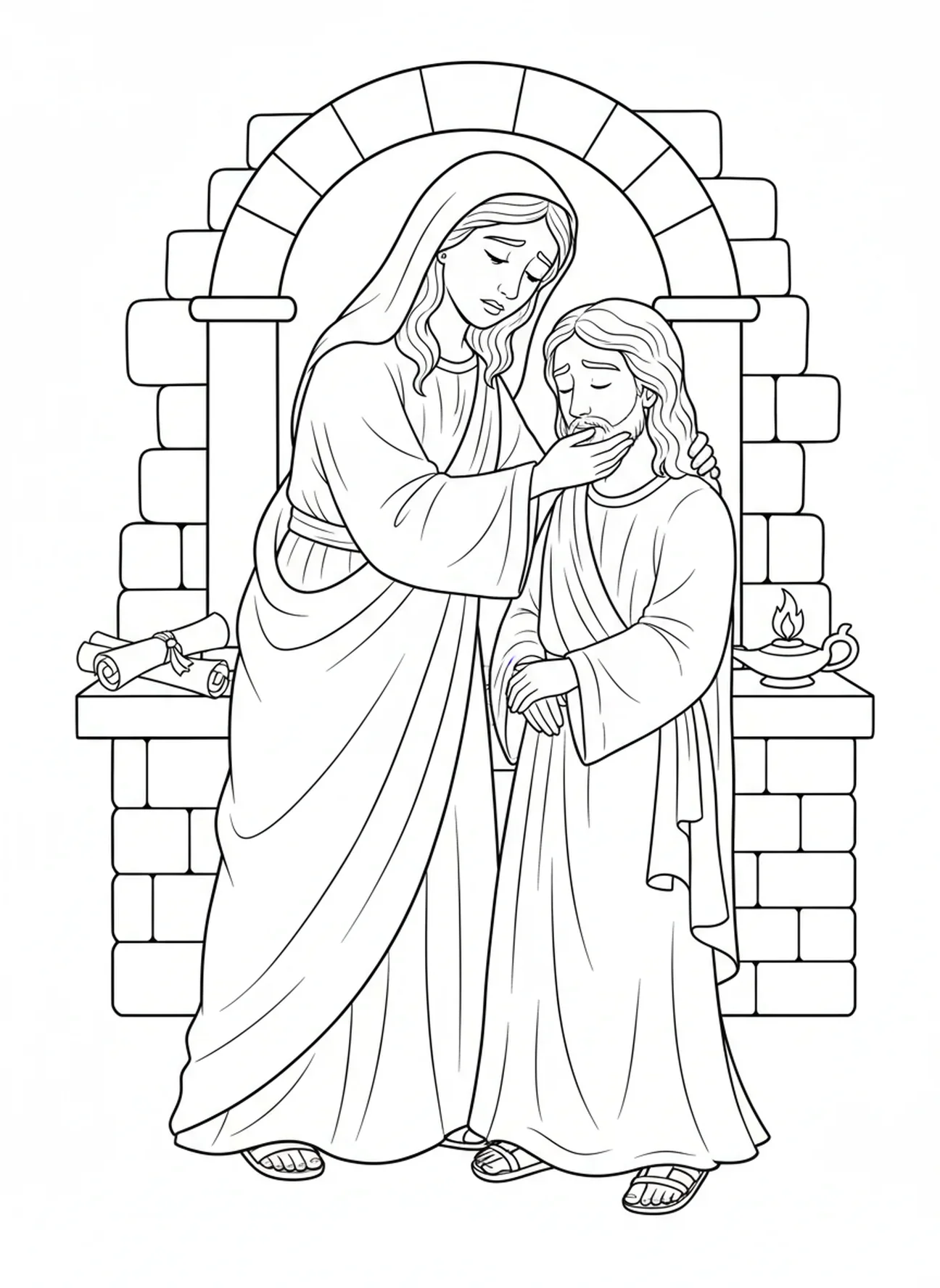Maria mit traurigem Ausdruck, Pieta Ausmalbild für Sonntagsschulkinder im Alter von 5-12 Jahren.