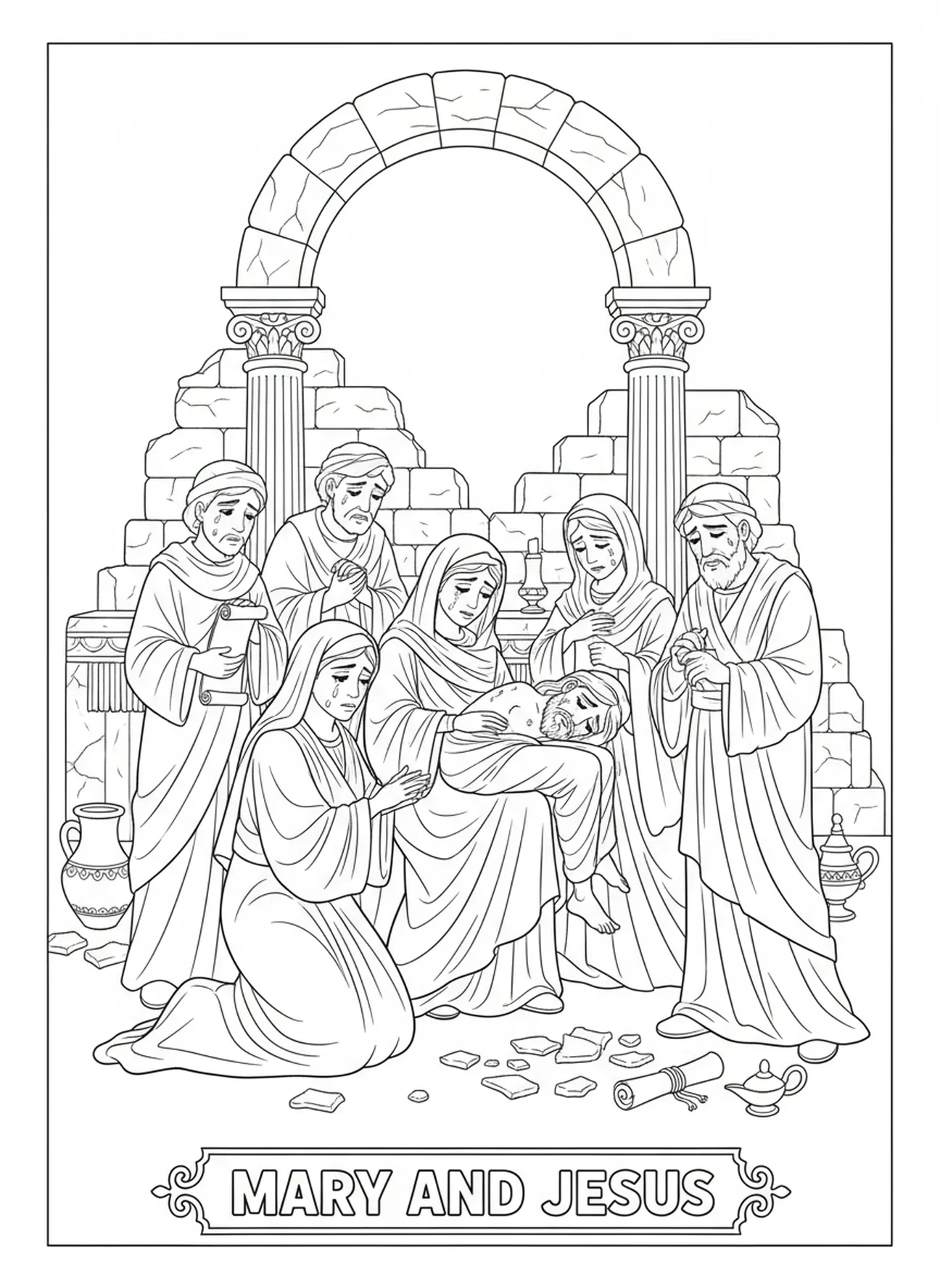 Trauernde Figuren im Hintergrund, Pieta Ausmalbild für Sonntagsschulkinder im Alter von 5-12 Jahren.