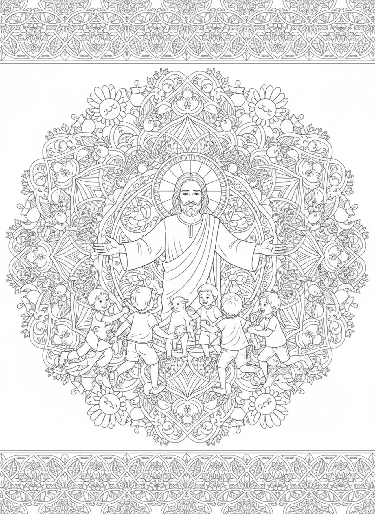 Jesús dando la bienvenida a los niños, página para colorear de Jesús en vitrales para adultos en estilo de journaling bíblico