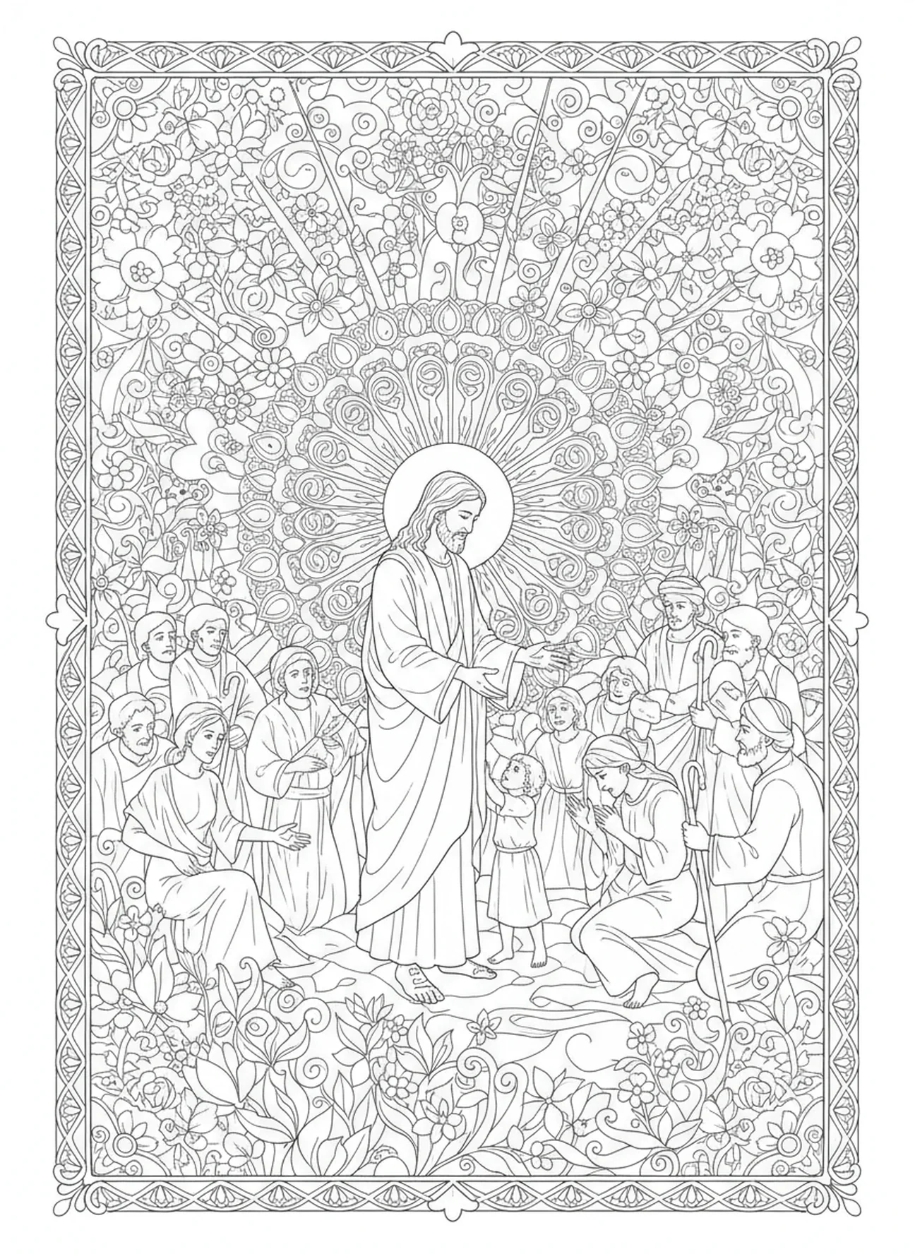 Jesús sanando a los enfermos, página para colorear de Jesús en vitrales para adultos en estilo de journaling bíblico