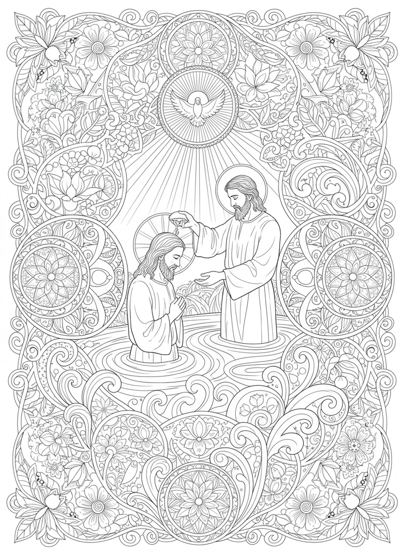 Jesús siendo bautizado, página para colorear de Jesús en vitrales estilo para adultos en el diario bíblico