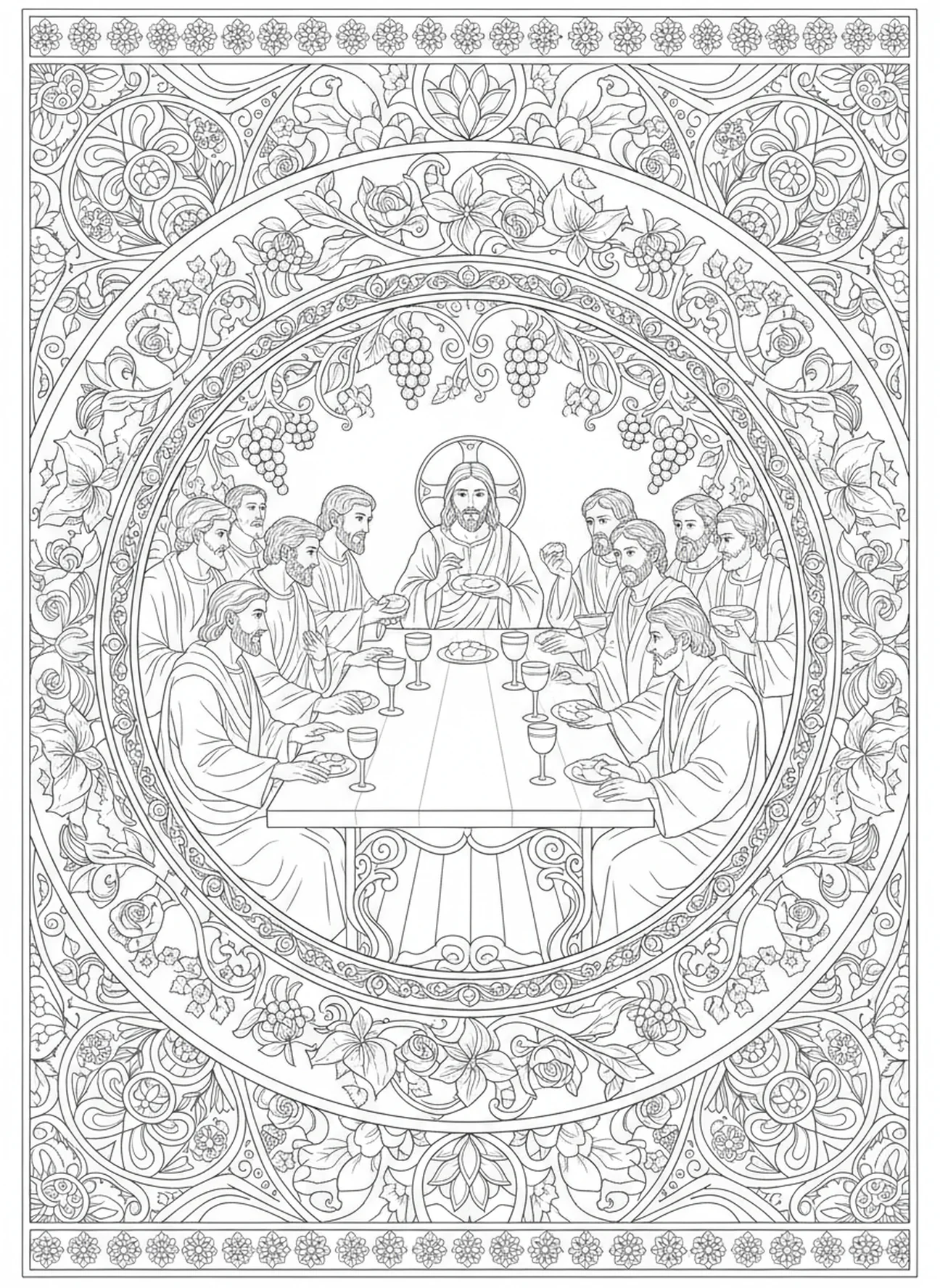Jesús y sus discípulos en la mesa, página para colorear de Jesús en vitral estilo para adultos en el diario bíblico