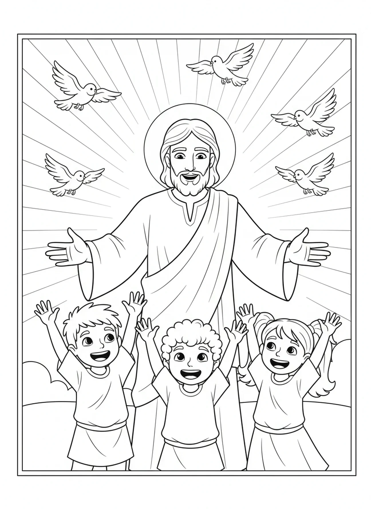 Jesus segnet Kinder, Seligpreisung der Armen im Geist Malvorlage für Kinder im Alter von 5-10 Jahren.