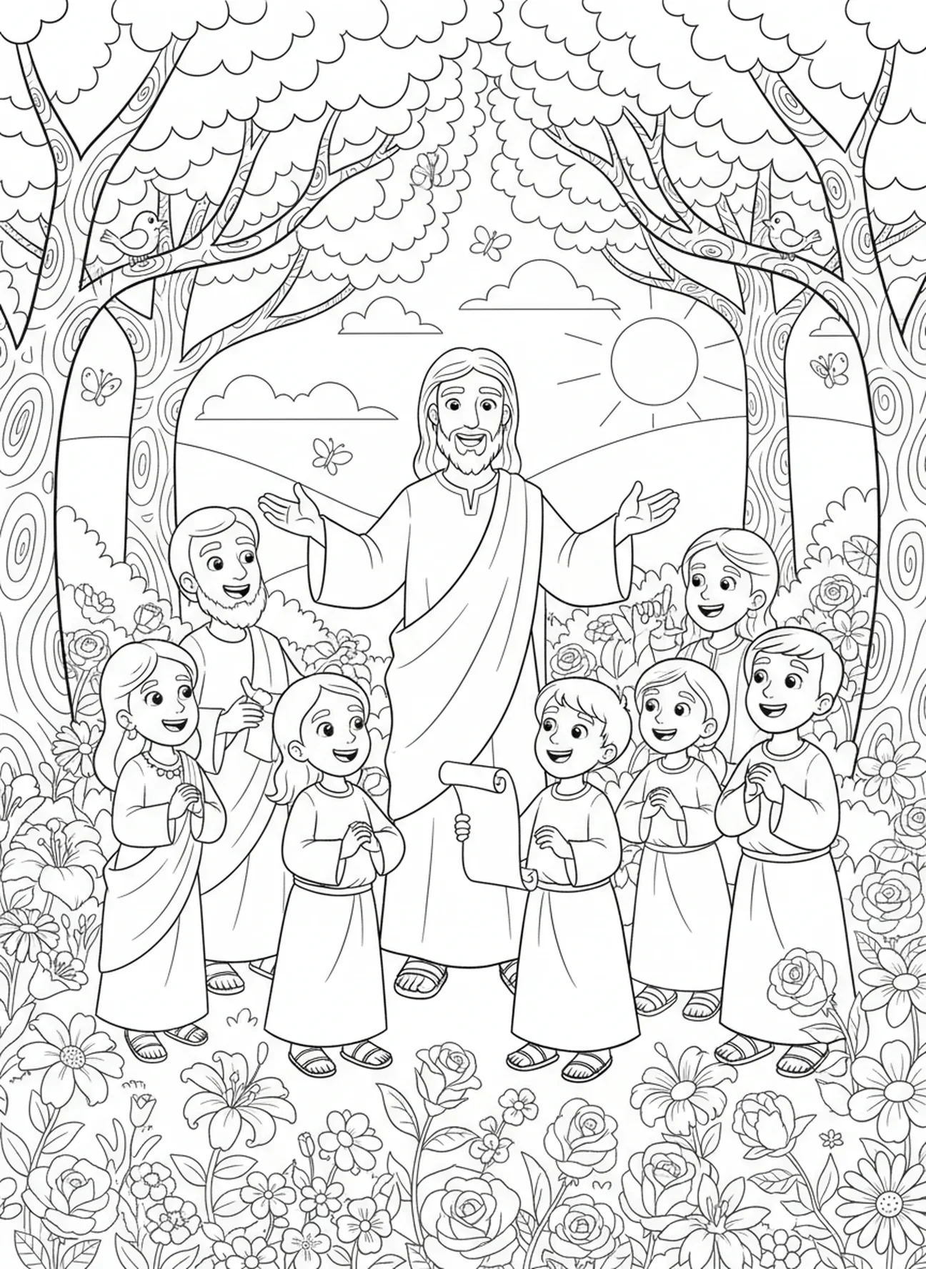 Jesus steht mit seinen Jüngern, Ausmalbild der Seligpreisung der Armen im Geiste für Kinder im Alter von 5-10 Jahren.