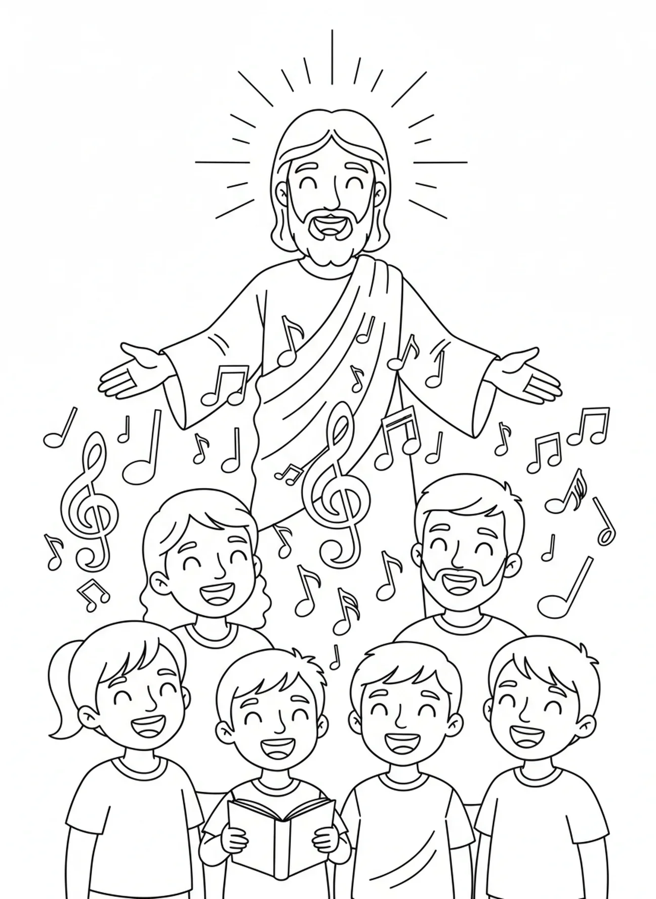 Kinder und Erwachsene singen fröhlich, Ausmalbild der Seligpreisung der Armen im Geiste für Kinder im Alter von 5-10 Jahren.
